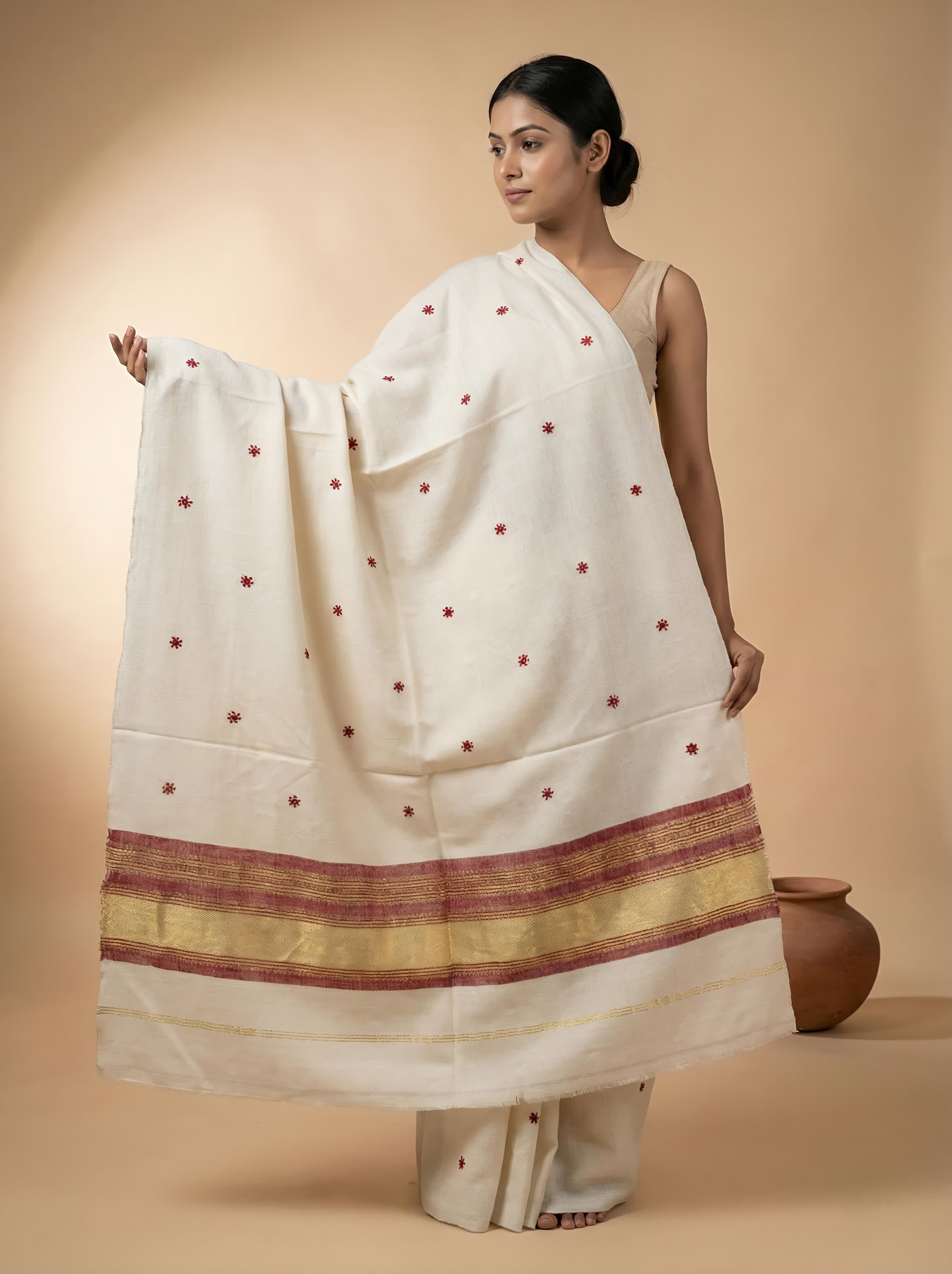 White & Maroon Jari Bhujodi Woolen Shawl