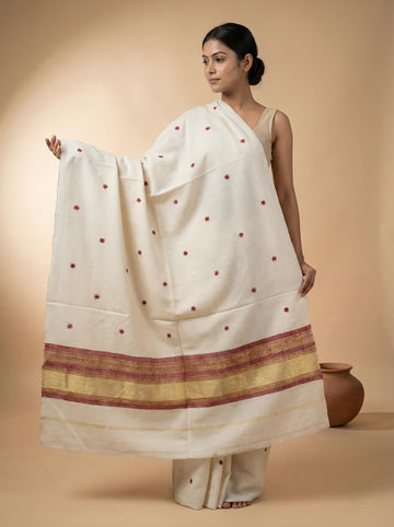 White & Maroon Jari Bhujodi Woolen Shawl