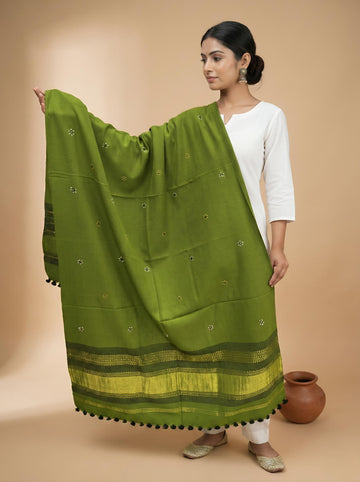 Green Jari Bhujodi Woolen Shawl With Tessal