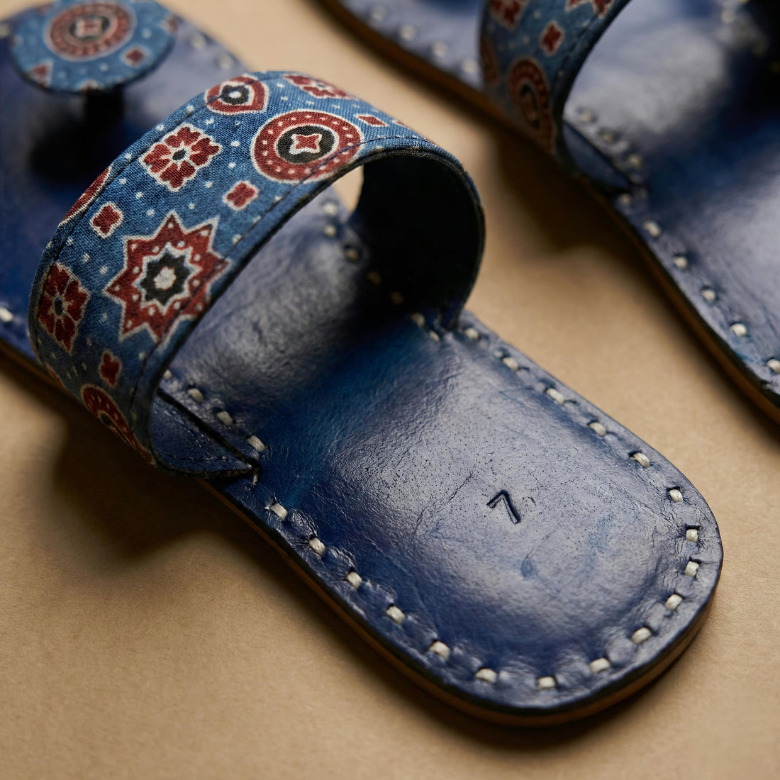 Blue Ajarakh Kutchhi Leather Chappal/Jutti