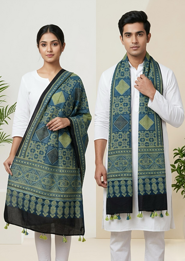 Ajrakh Natural Dyed Mashroo Silk Stoles
