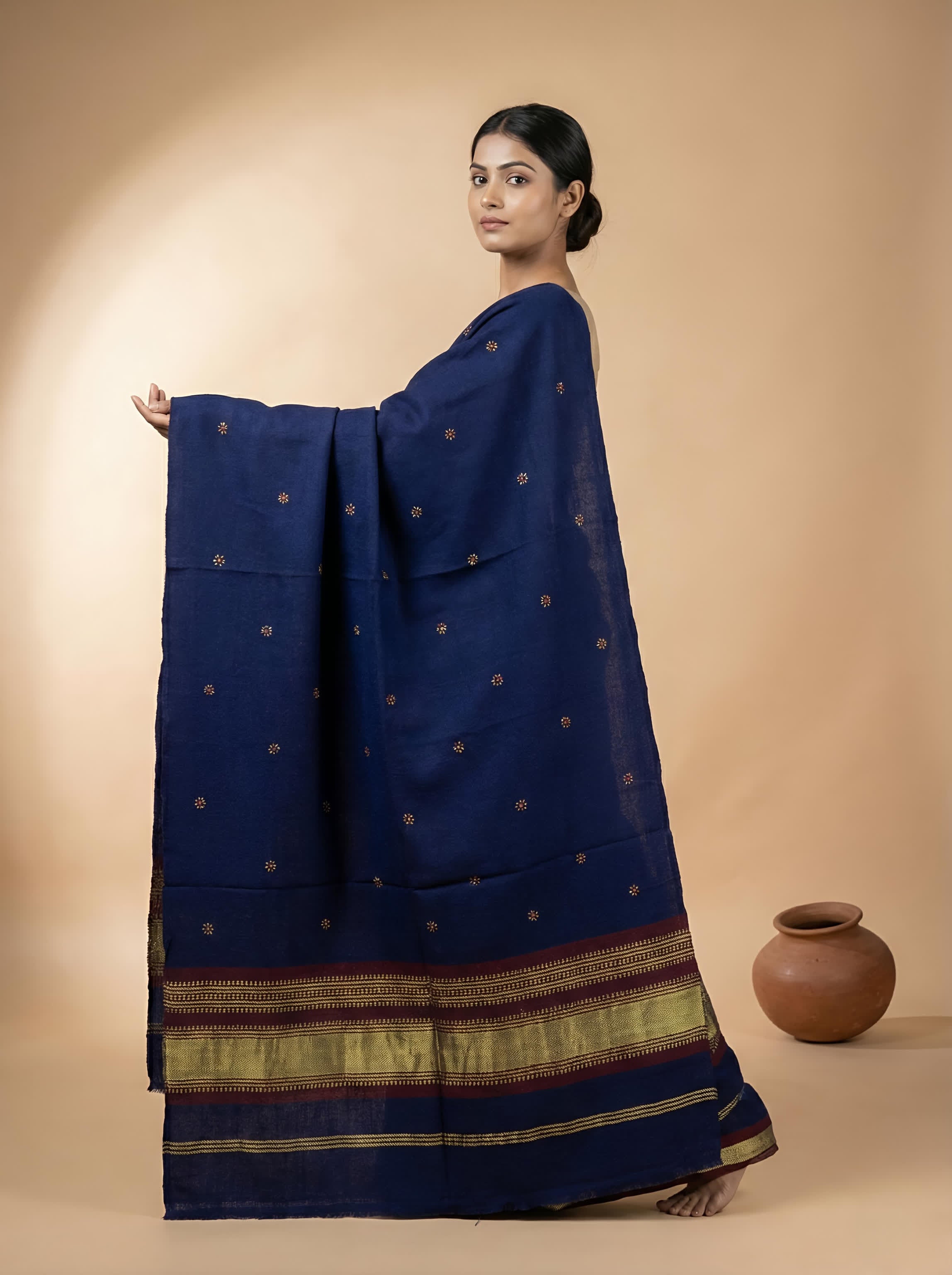 Navy Blue & Maroon Jari Bhujodi Woolen Shawl