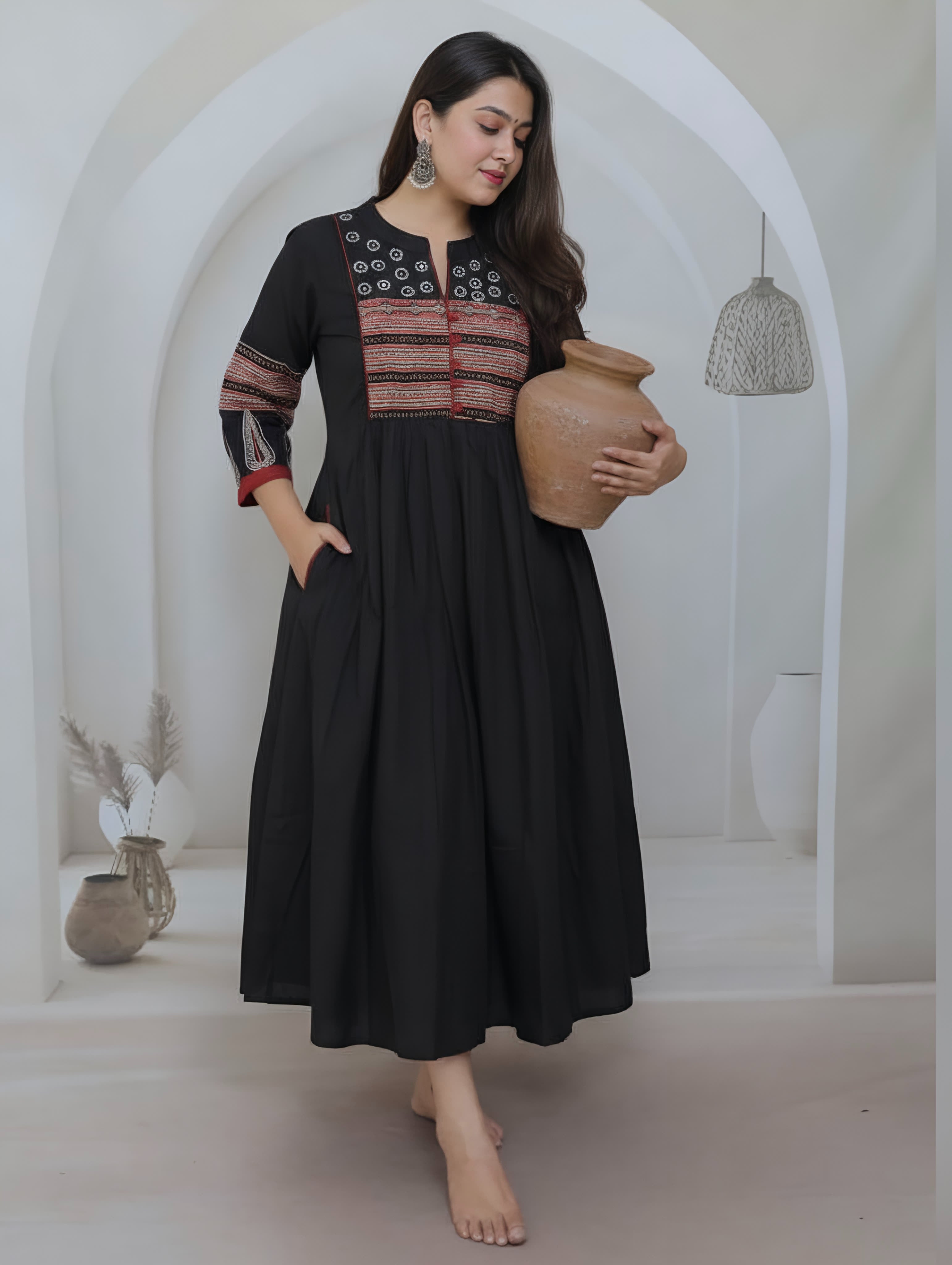 Anika Black Ajarakh & Mirror Cotton One Piece Kurti