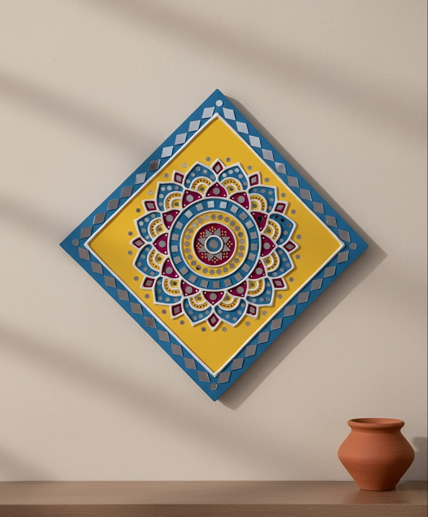 Blue & Yellow Square Mud Work Frame Wall Decorative(12×12 inches)