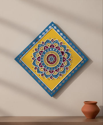 Blue & Yellow Square Mud Work Frame Wall Decorative(12×12 inches)