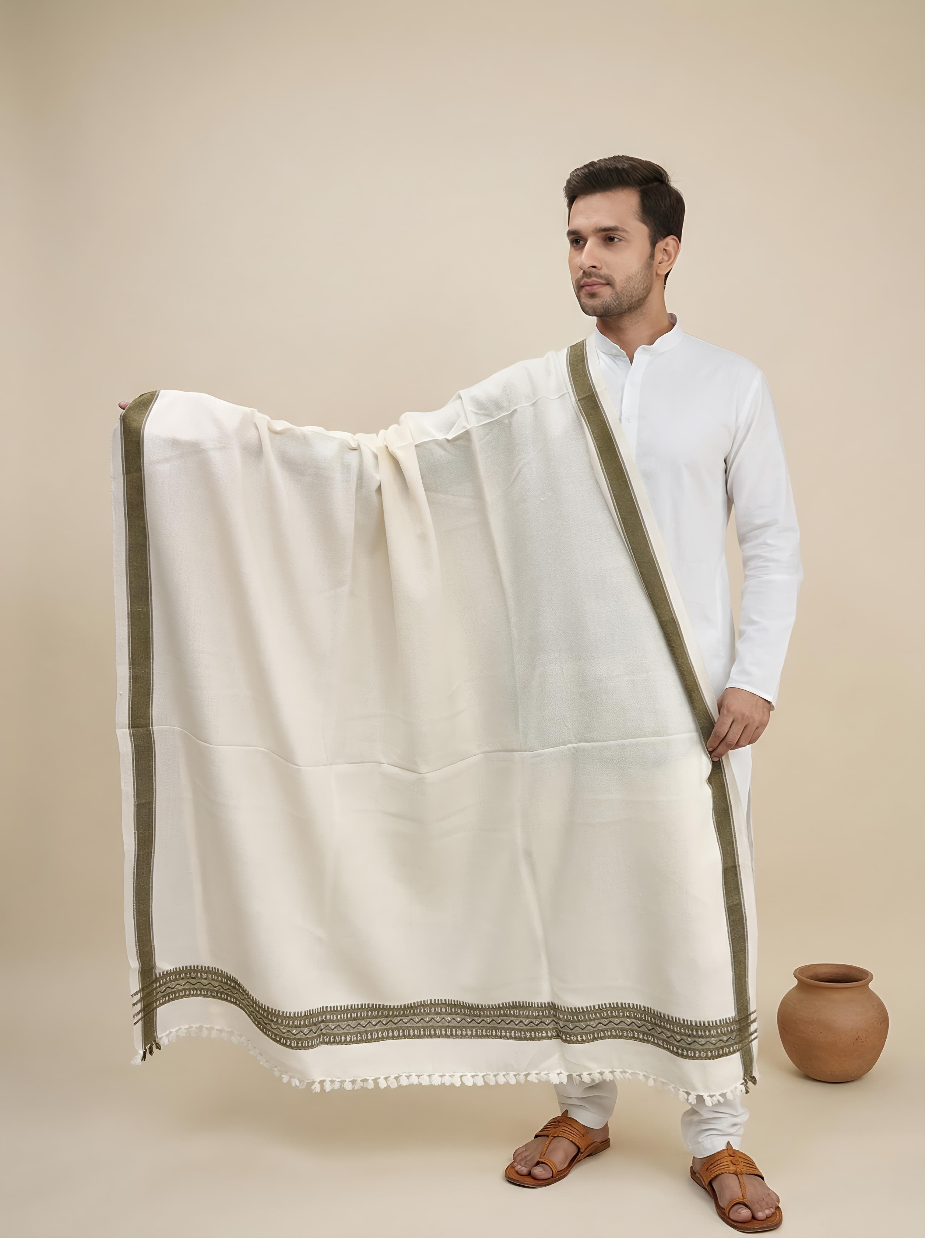 White & Brown Handwoven Bhujodi Woolen Shawl
