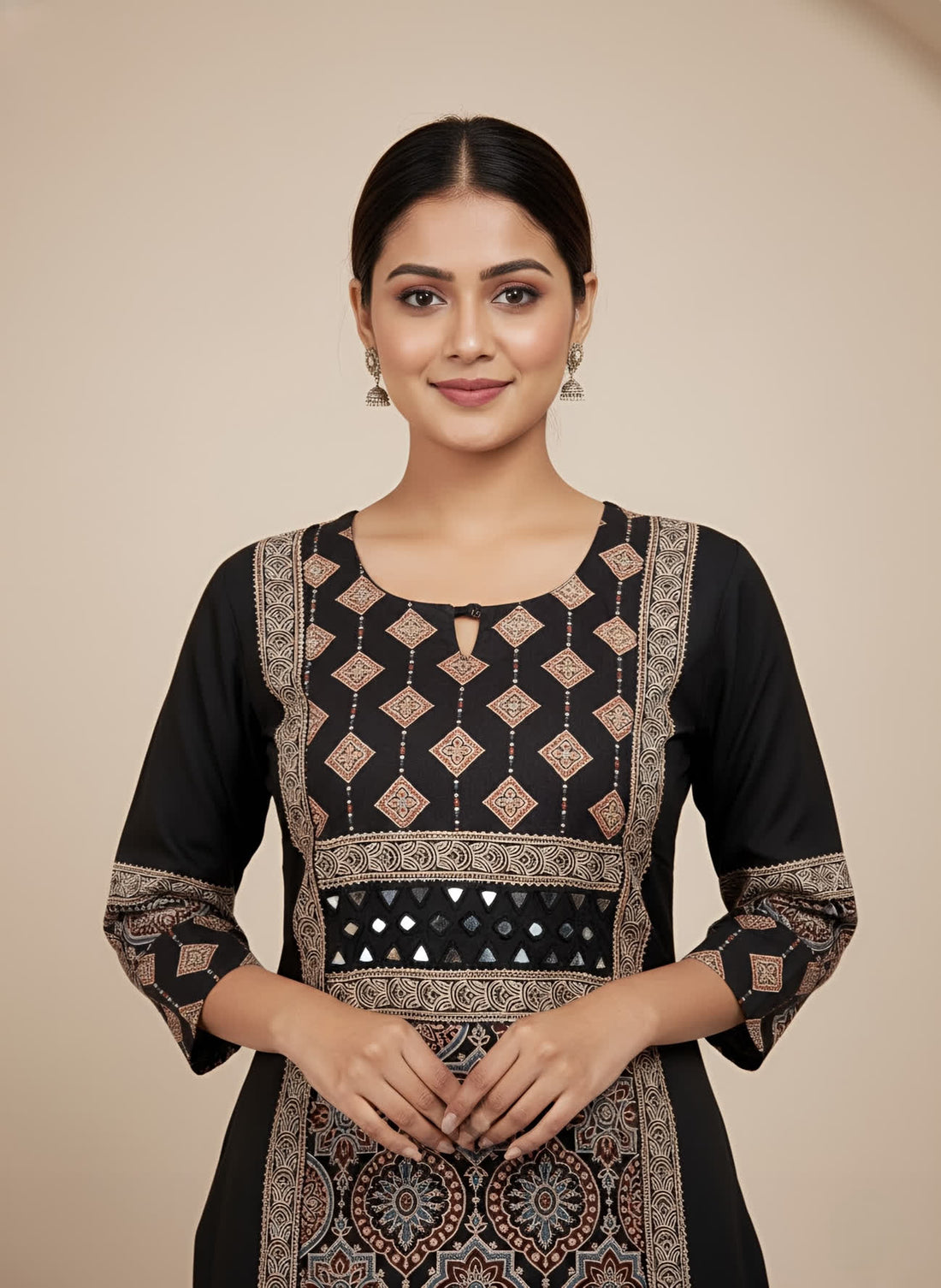 Priya Black Ajarakh Mirror Straight Kurti