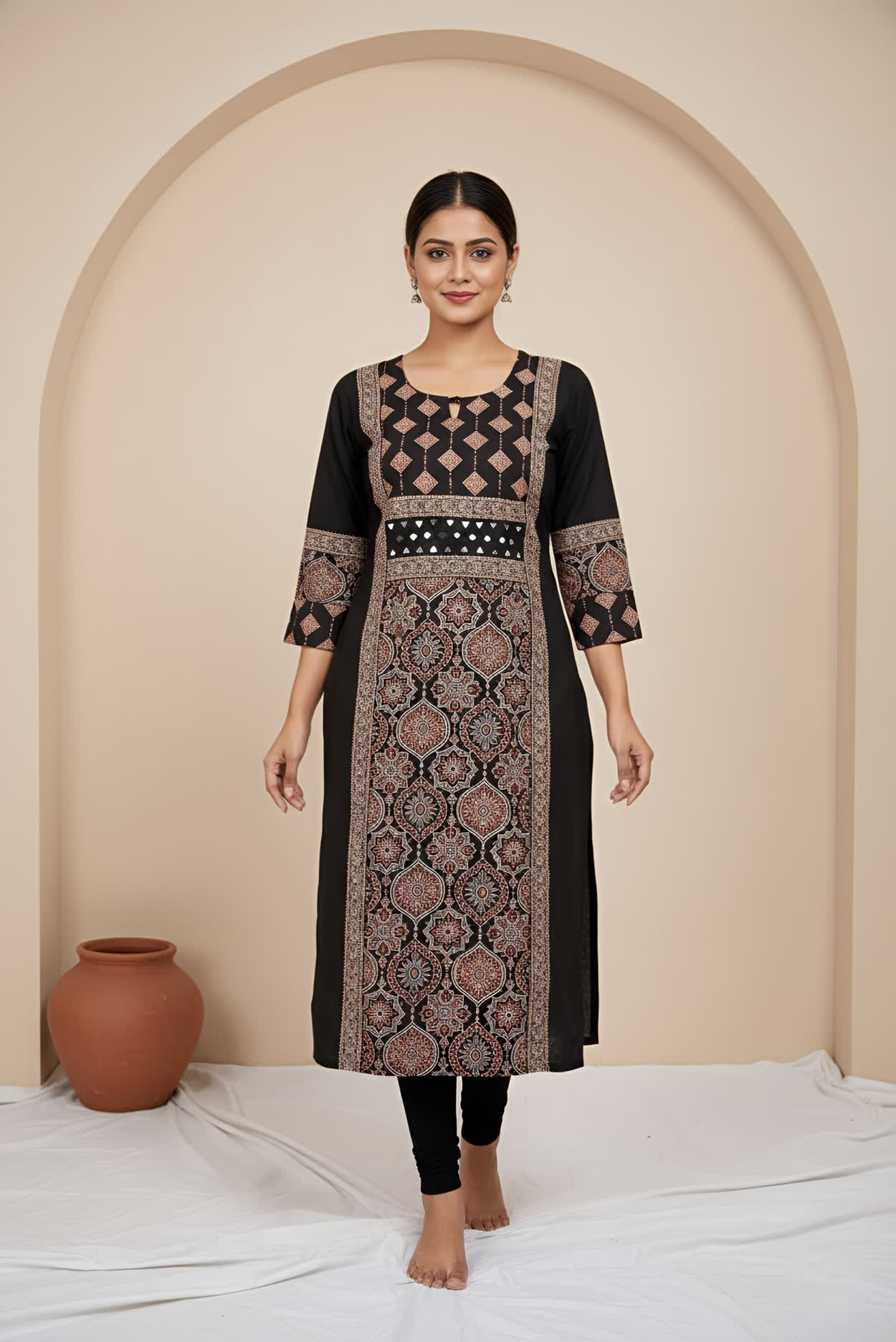 Priya Black Ajarakh Mirror Straight Kurti