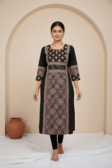 Priya Black Ajarakh Mirror Straight Kurti