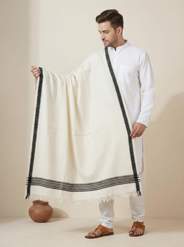 White & Black Handwoven Bhujodi Woolen Shawl