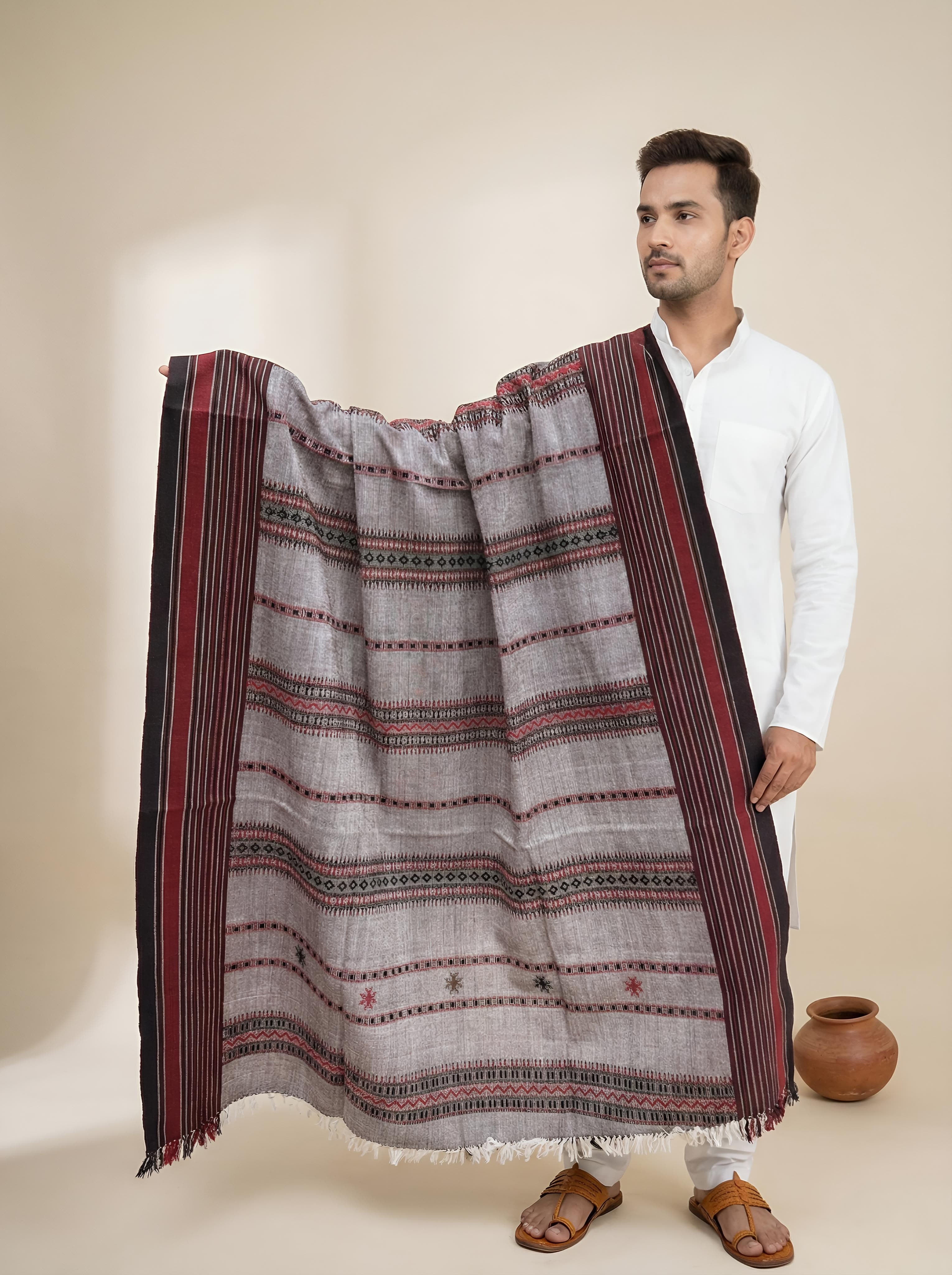 Allover Traditional Brown Handwoven Bhujodi Woolen Shawl