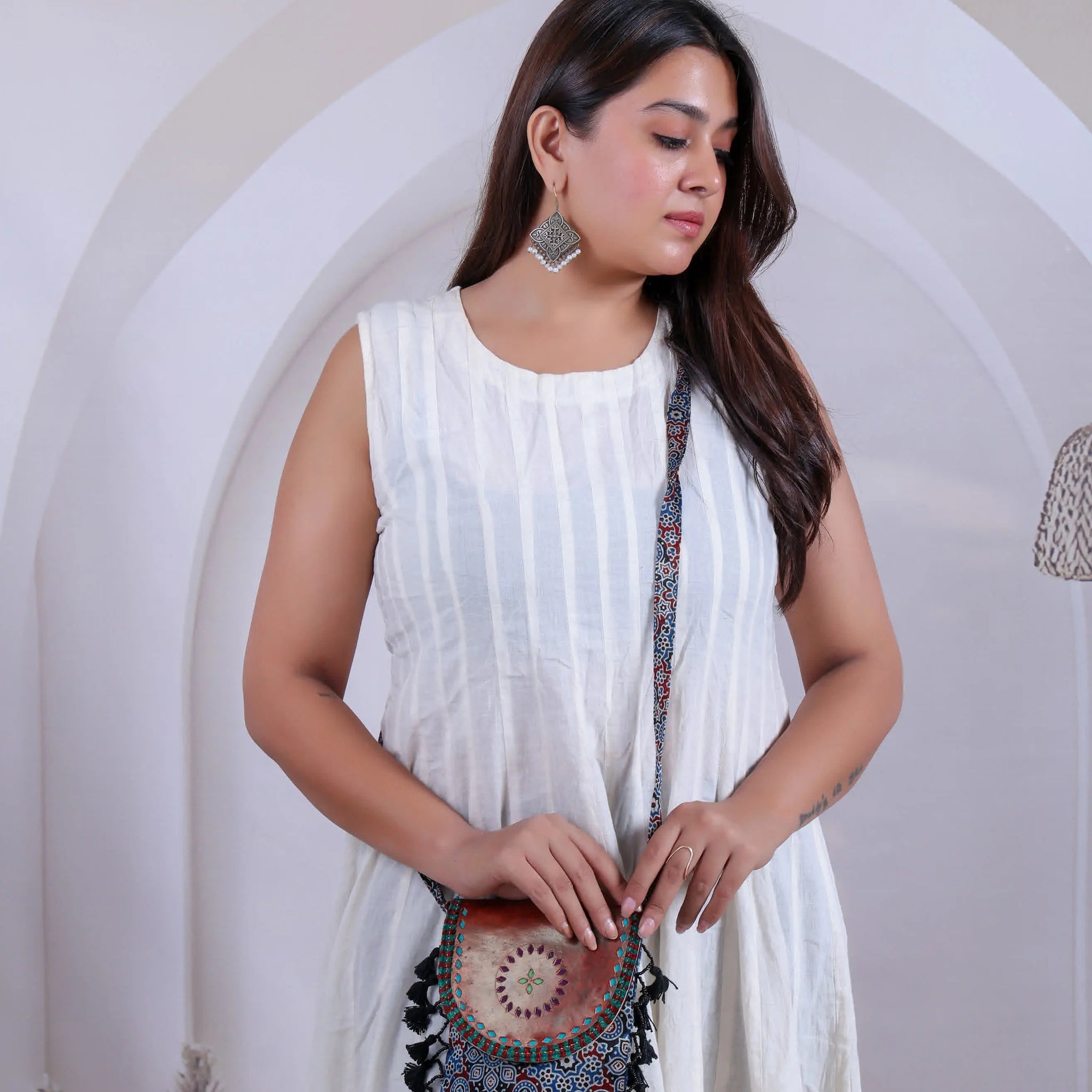 Ajarakh Leather Tassels Sling Bag RAKHIYO