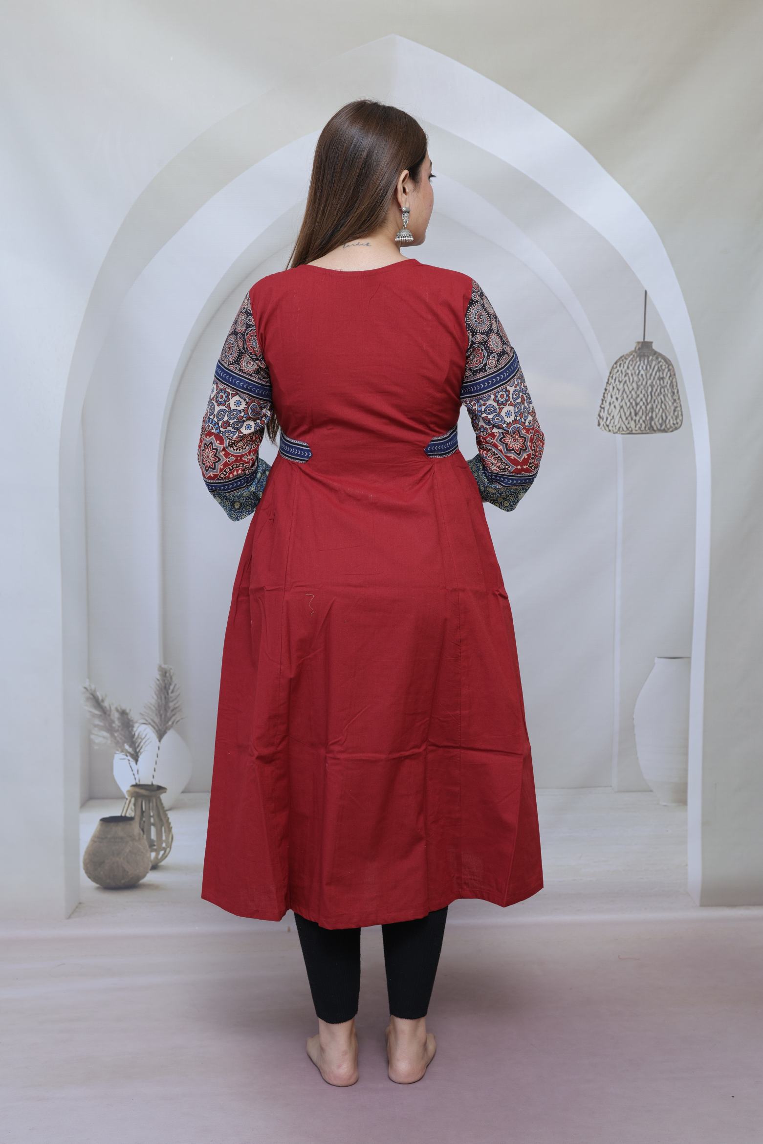 Nimrit Maroon Ajarakh Patchwork Sleeve & Neck Mirror Side Split Kurti/One Piece