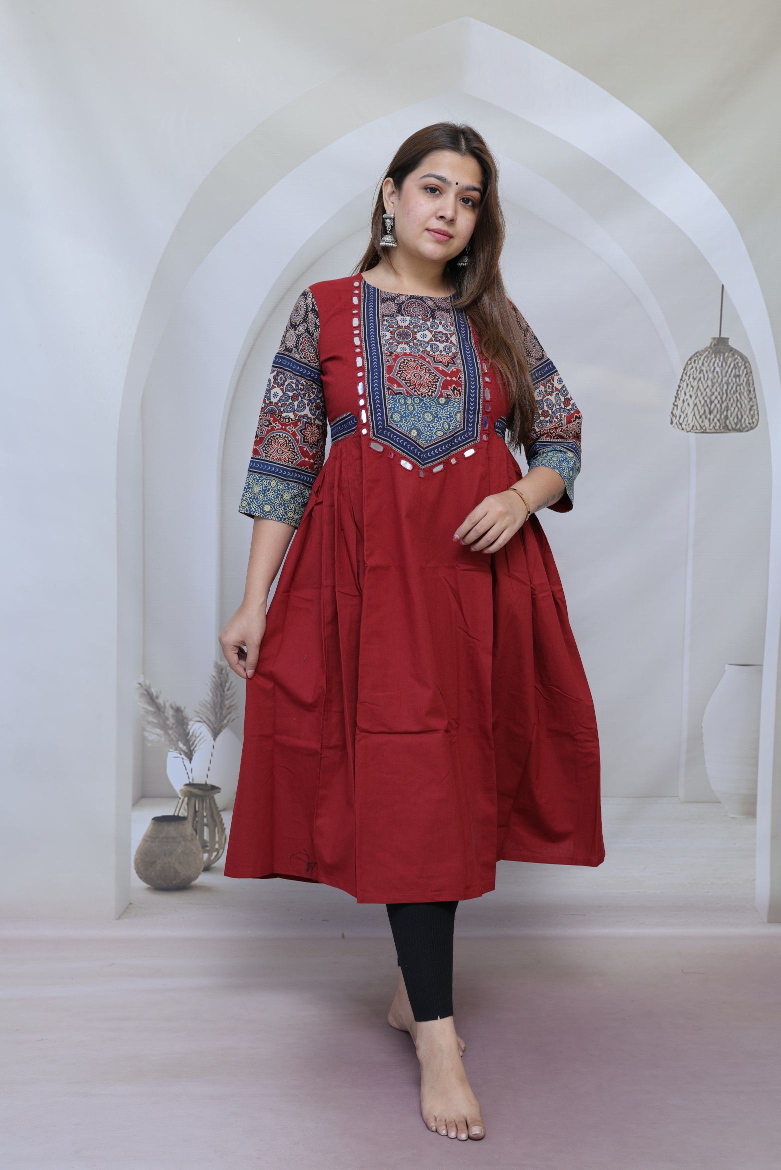 Nimrit Maroon Ajarakh Patchwork Sleeve & Neck Mirror Side Split Kurti/One Piece