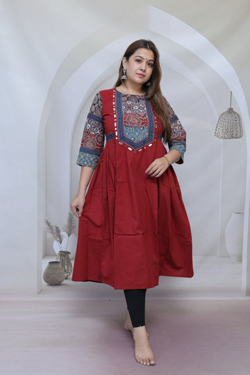 Nimrit Maroon Ajarakh Patchwork Sleeve & Neck Mirror Side Split Kurti/One Piece