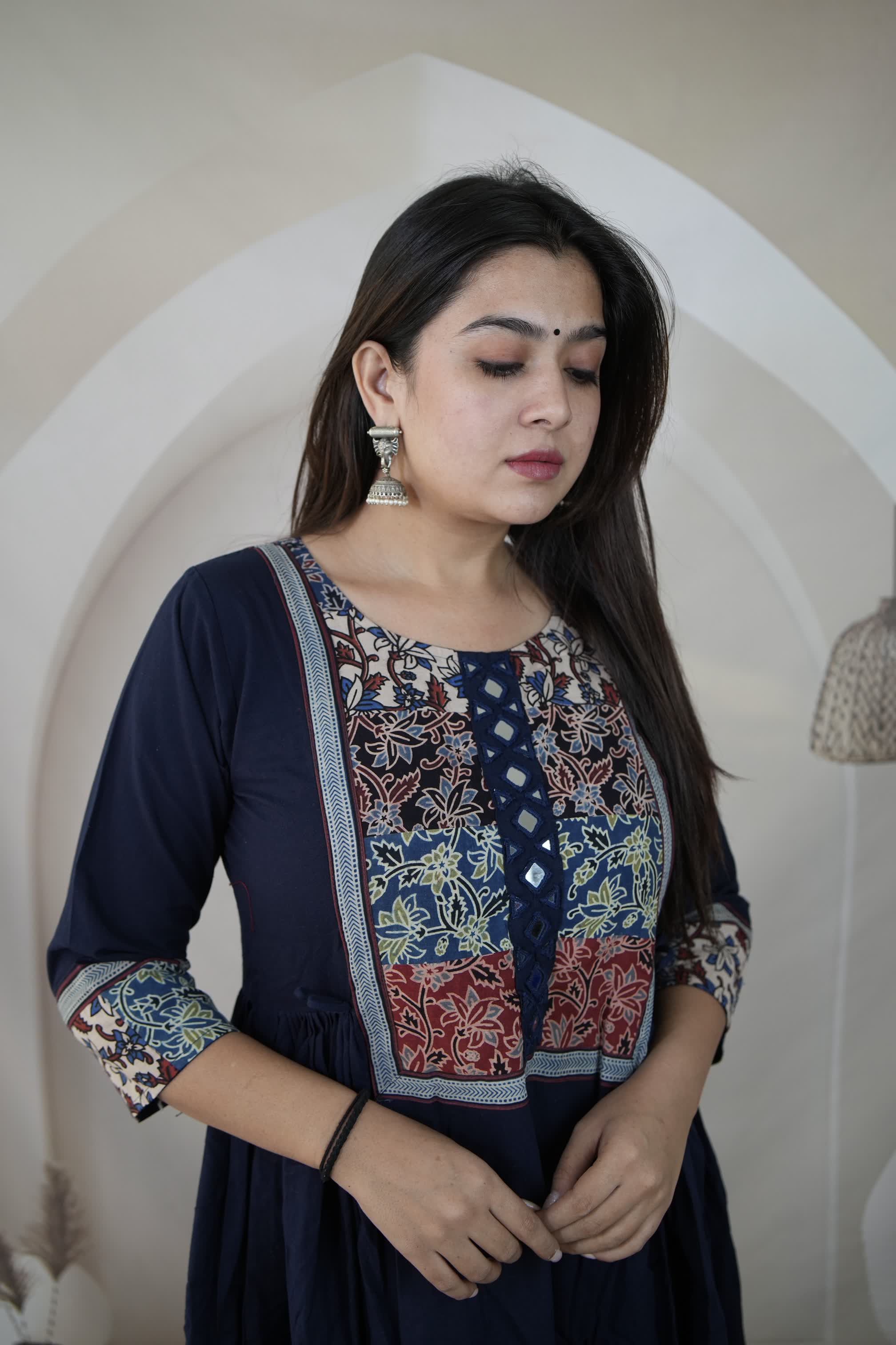 Gauri Navy Blue Ajarakh Patchwork Mirror Cotton Plain One Piece Kurti