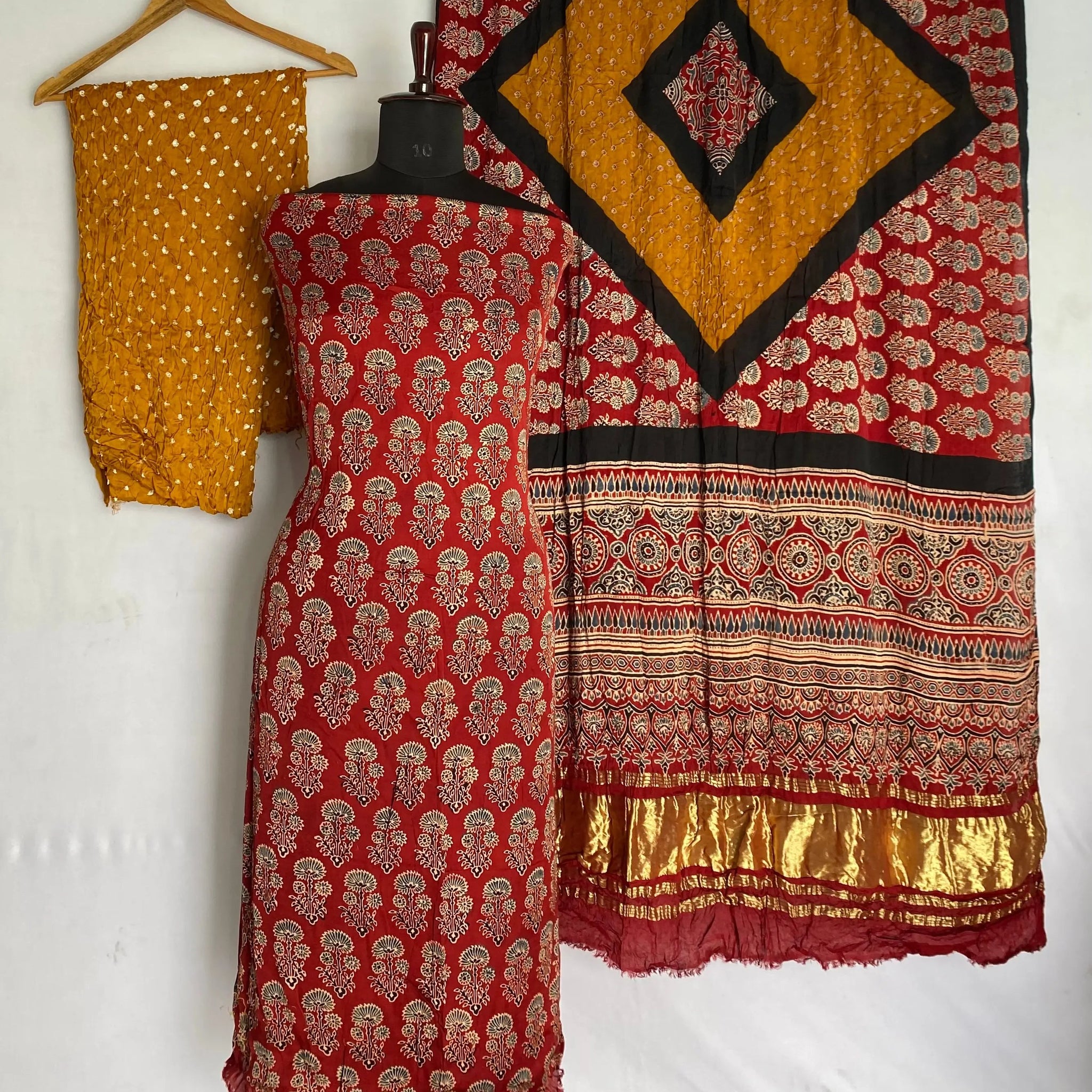 Maroon & Mustard Ajarakh Bandhani Modal Silk Suit Material RAKHIYO