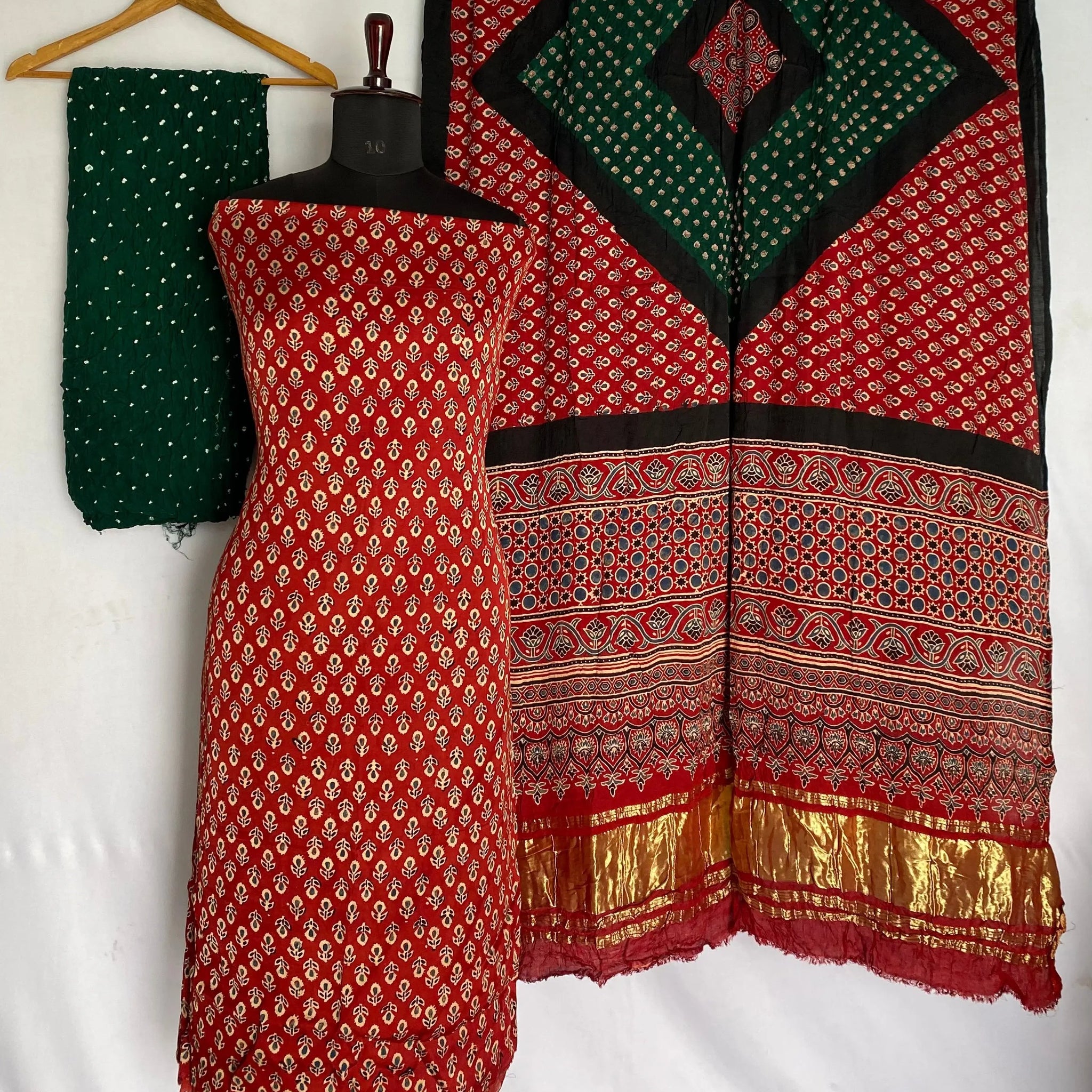 Maroon & Green Ajarakh Bandhani Modal Silk Suit Material RAKHIYO