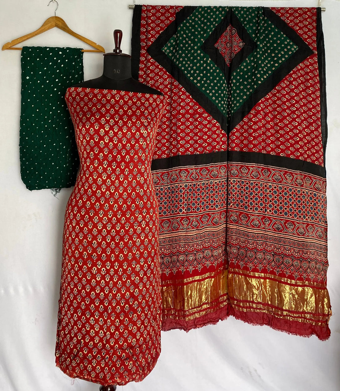 Maroon & Green Ajarakh Bandhani Modal Silk Suit Material RAKHIYO