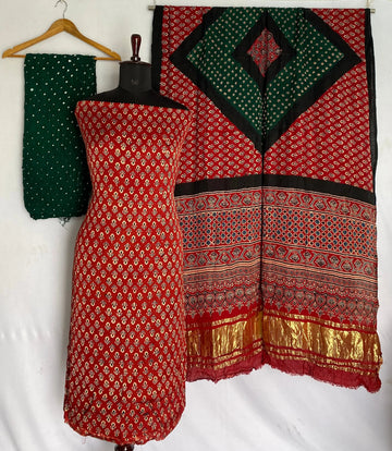 Maroon & Green Ajarakh Bandhani Modal Silk Suit Material RAKHIYO