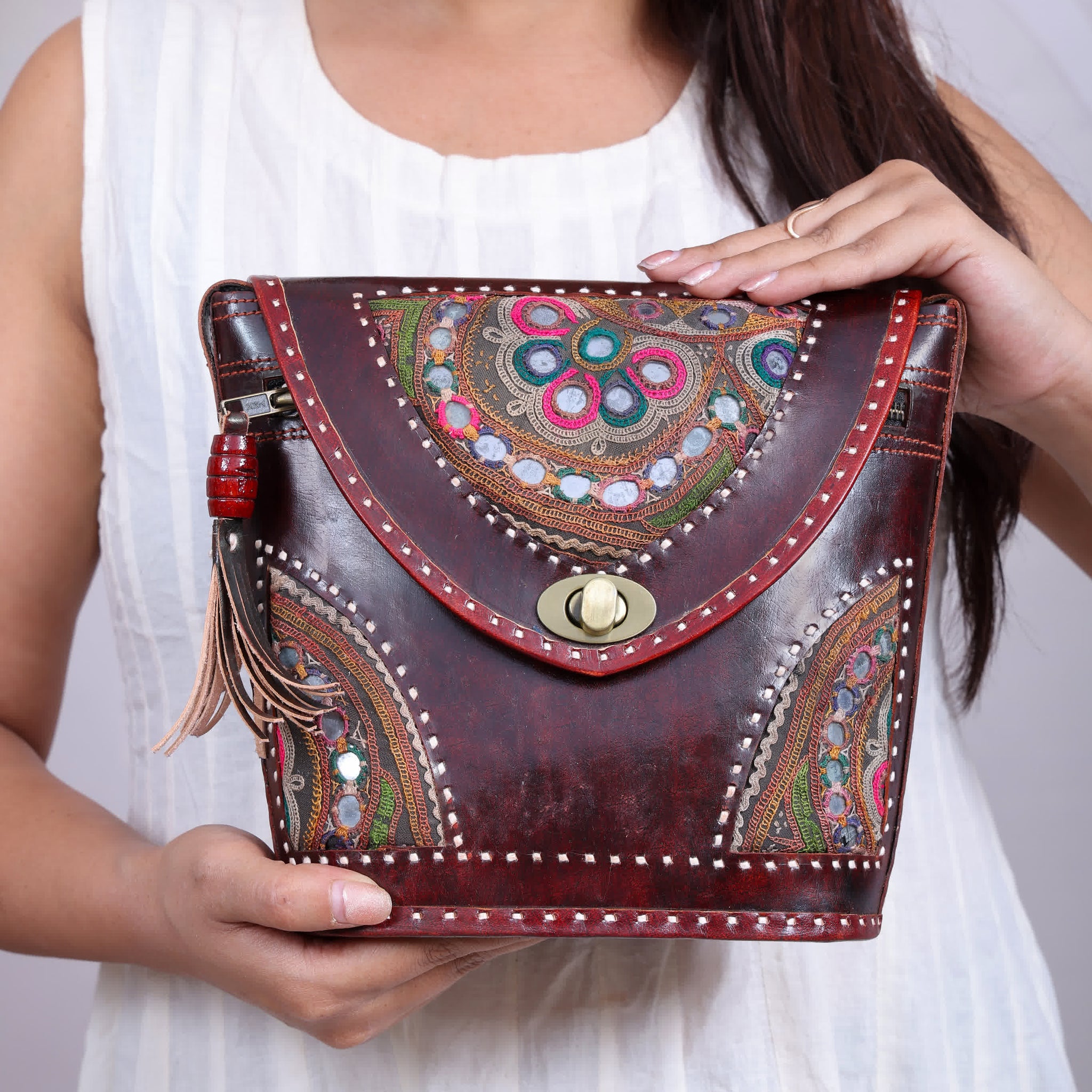 Brown Tri-Handwork Kutchhi Punching Bucket - The Sling RAKHIYO