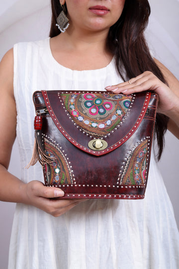 Brown Tri-Handwork Kutchhi Punching Bucket - The Sling RAKHIYO