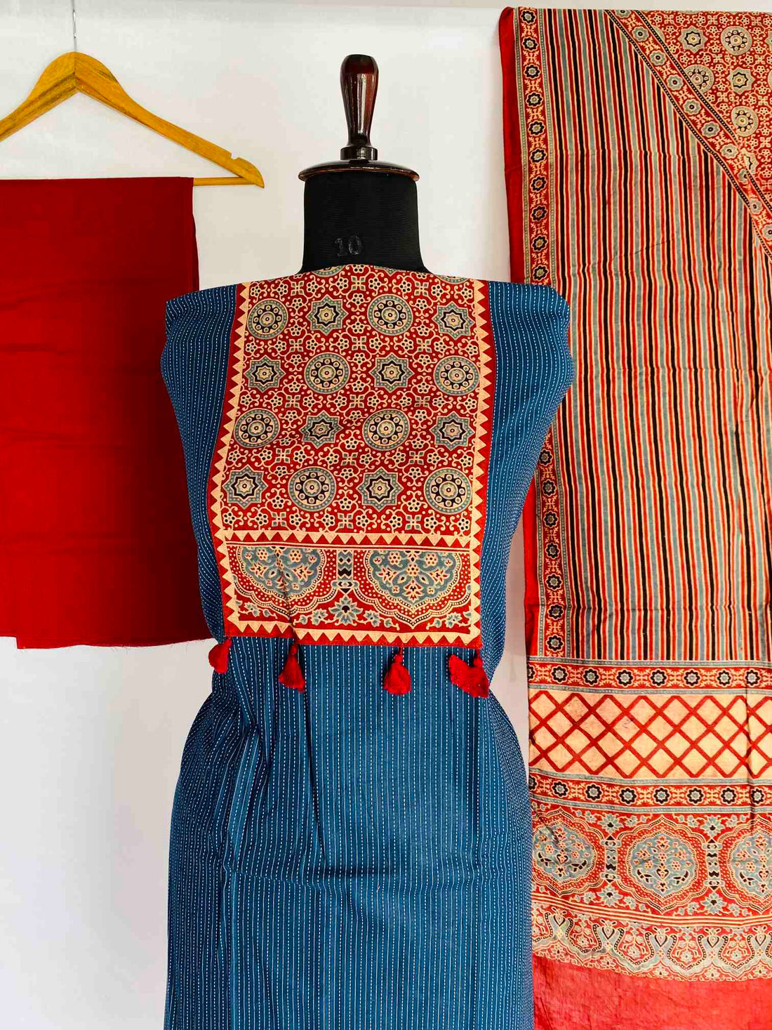Blue Kantha Cotton Ajarakh Suit Material