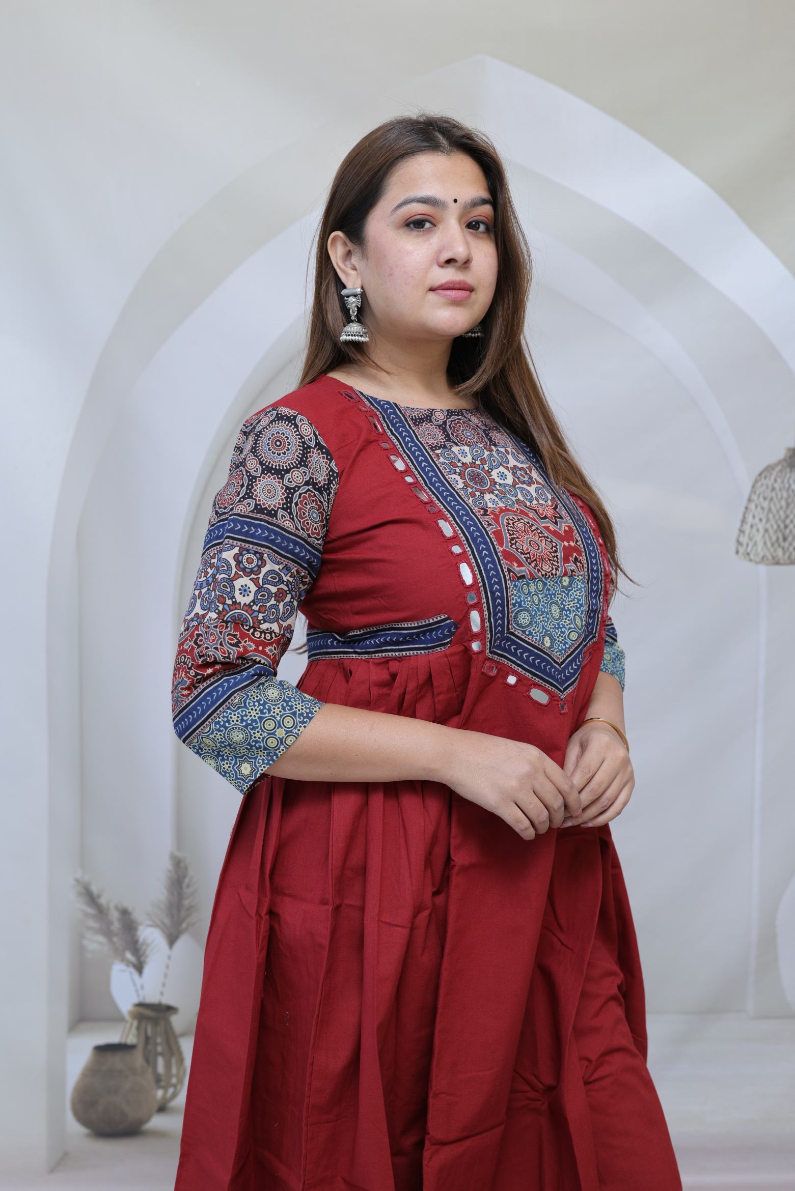 Nimrit Maroon Ajarakh Patchwork Sleeve & Neck Mirror Side Split Kurti/One Piece