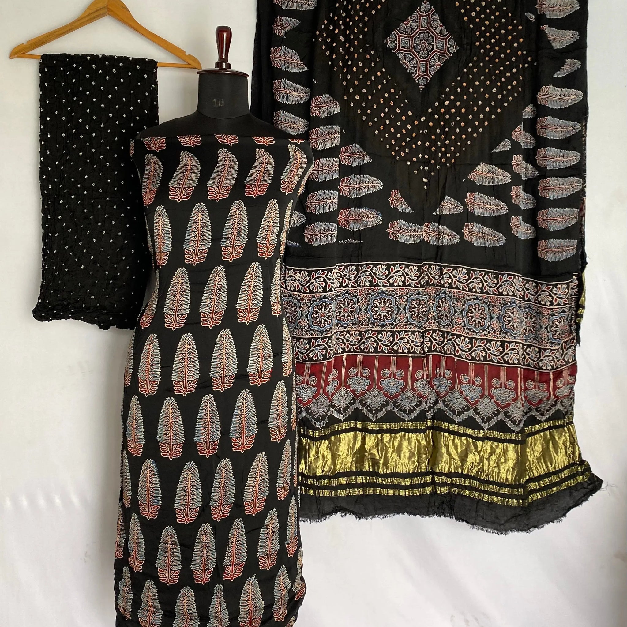 Black & Black Ajarakh Bandhani Modal Silk Suit Material RAKHIYO