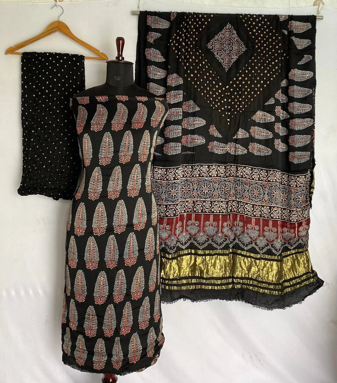 Black & Black Ajarakh Bandhani Modal Silk Suit Material RAKHIYO