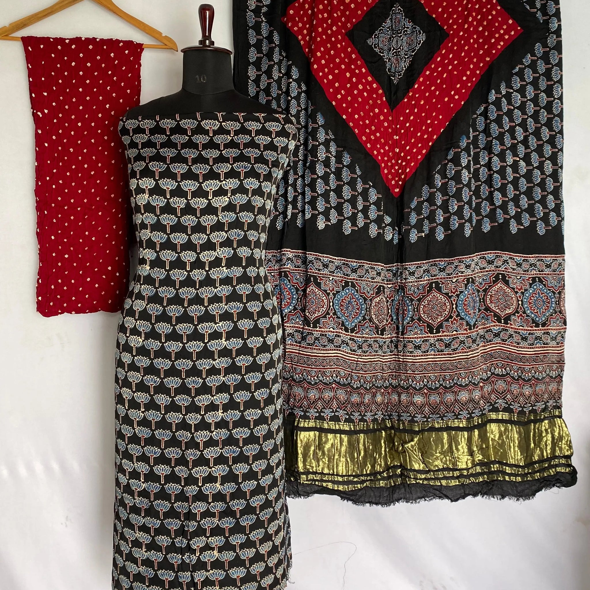 Black & Maroon Ajarakh Bandhani Modal Silk Suit Material RAKHIYO