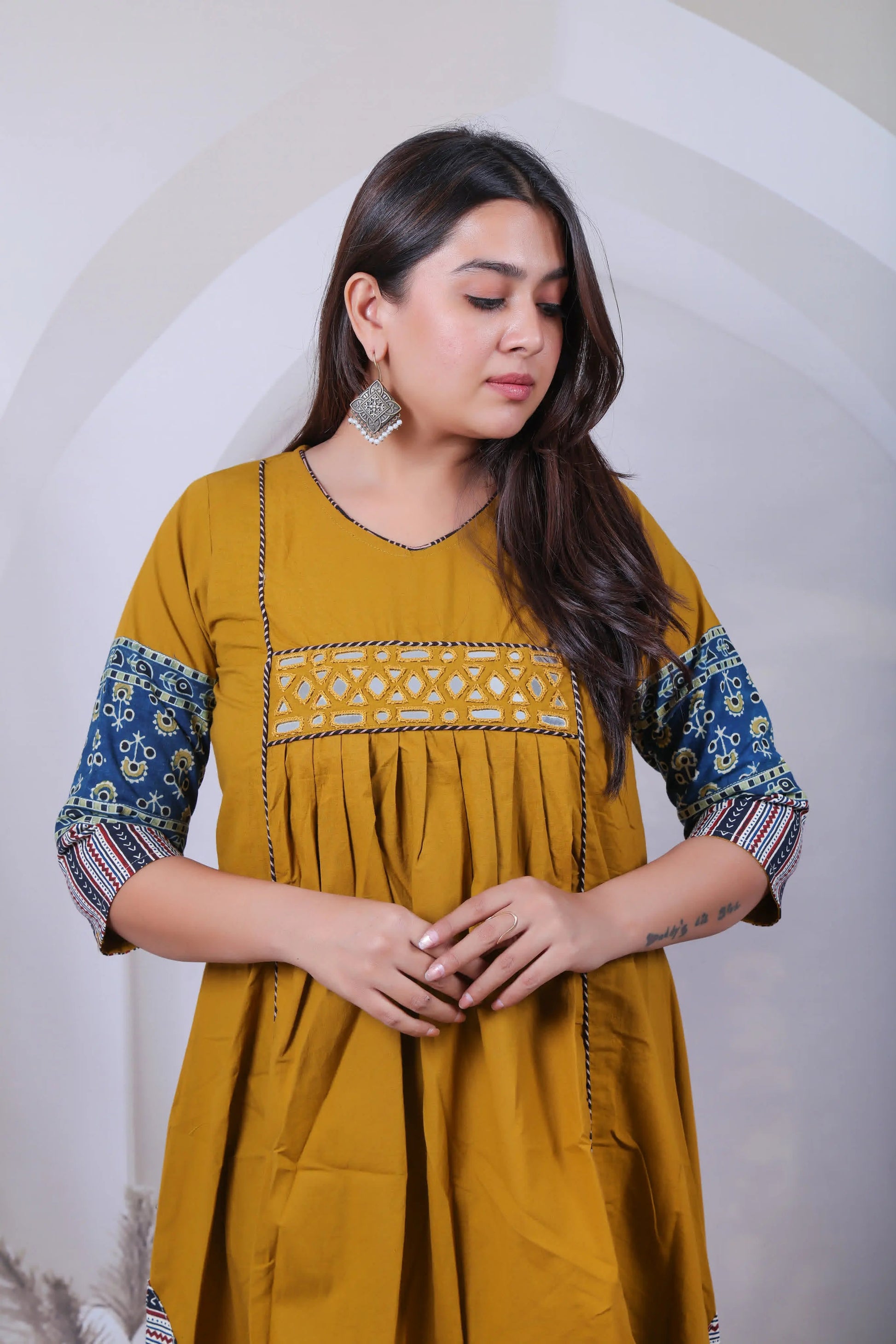 Anvika Mustard Cotton Mirror One Piece Kurti RAKHIYO