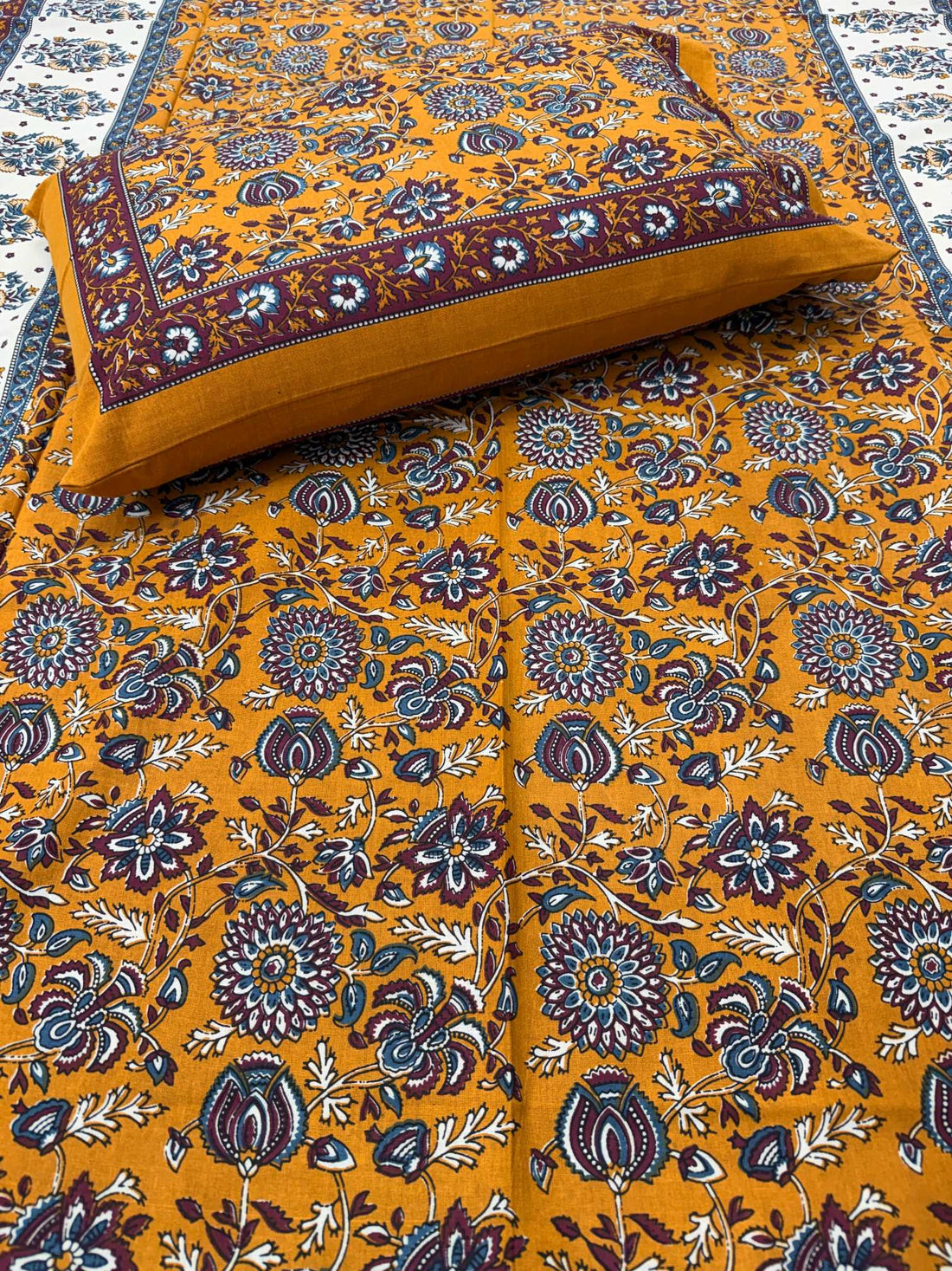 Blockprint Flower Design Cotton Single Bedsheet