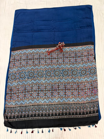 Blue Ajarakh Palla Plain Modal Saree RAKHIYO