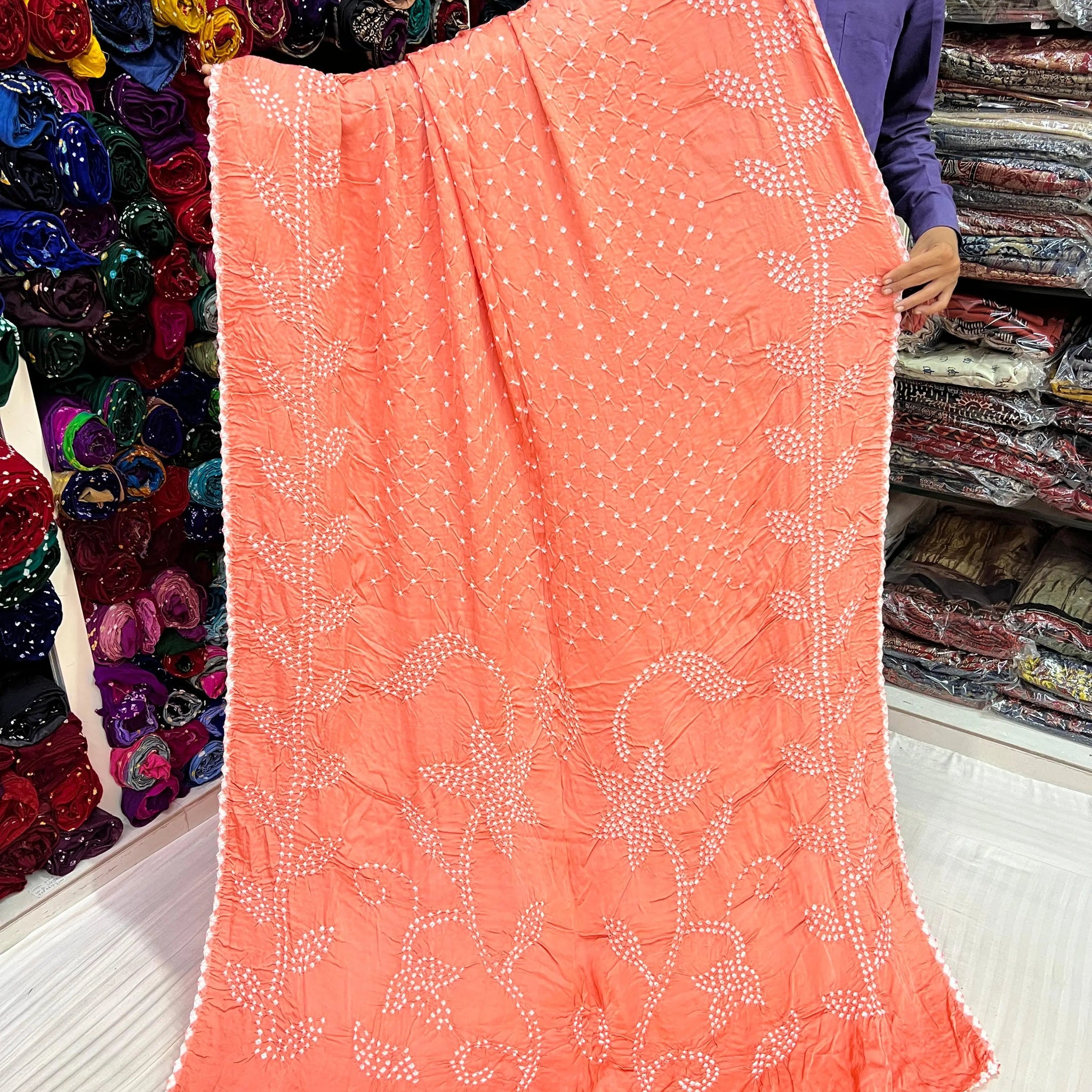 Peach Leaf Design Rai Bandhej Modal Saree RAKHIYO