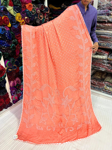 Peach Leaf Design Rai Bandhej Modal Saree RAKHIYO