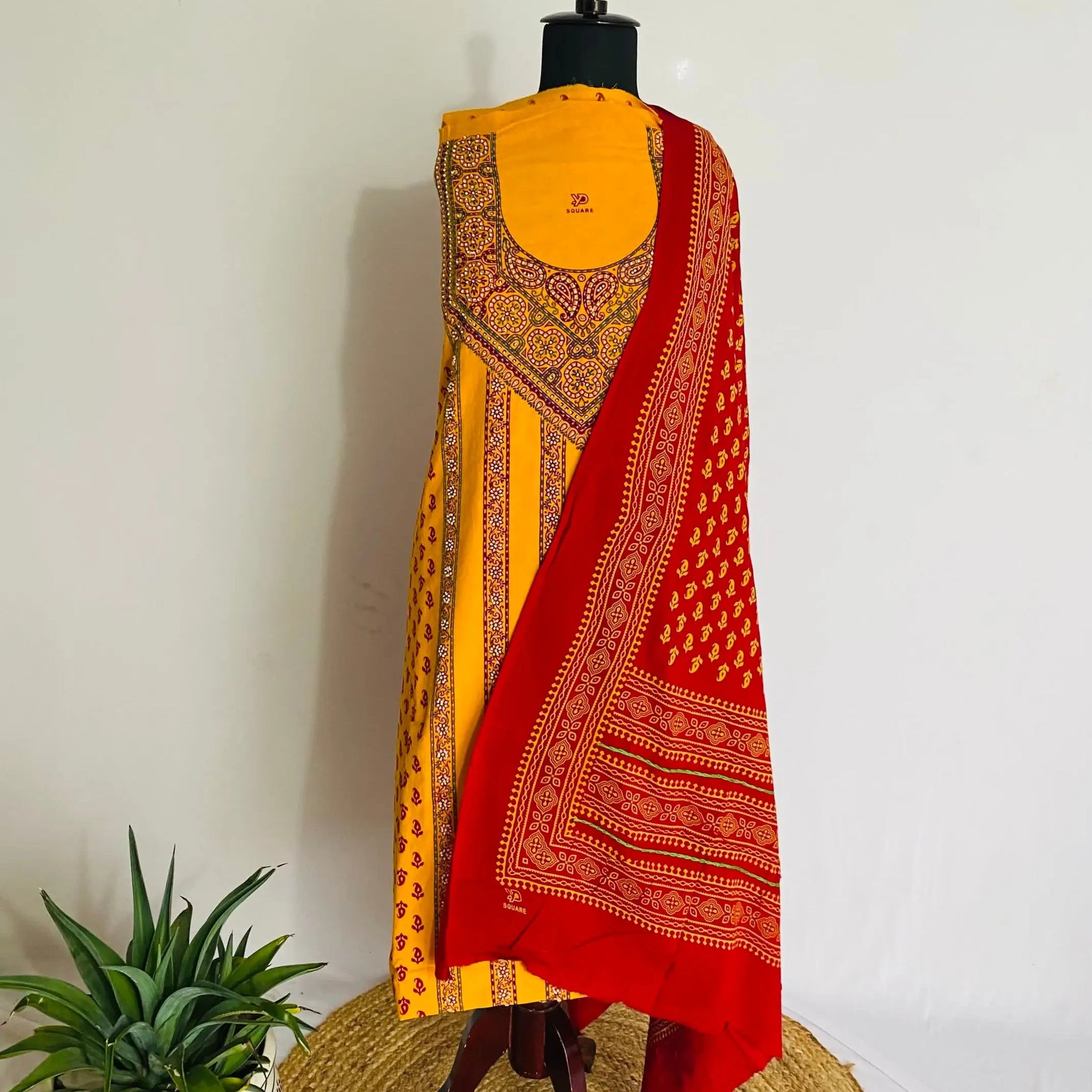 Mustard Bead Work Blockprint Cotton Suit Material RAKHIYO