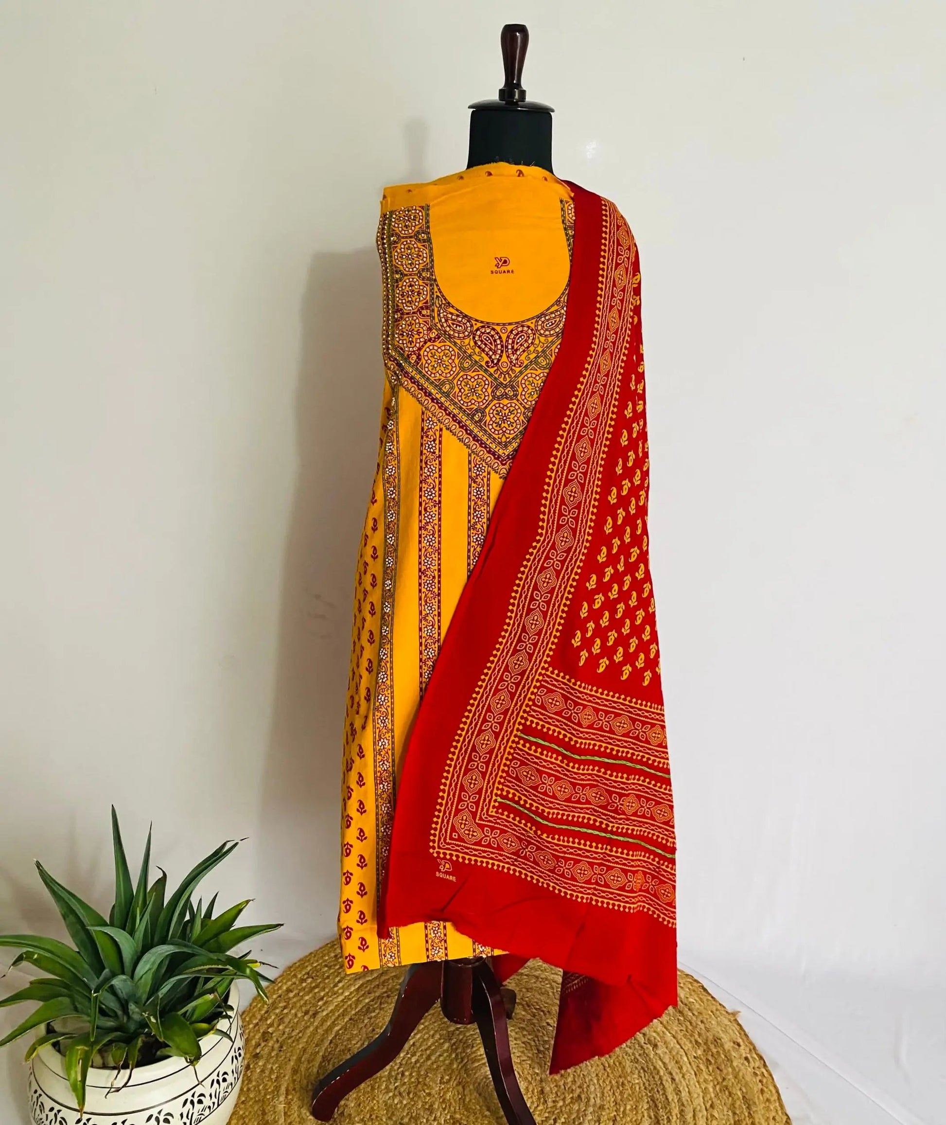 Mustard Bead Work Blockprint Cotton Suit Material RAKHIYO