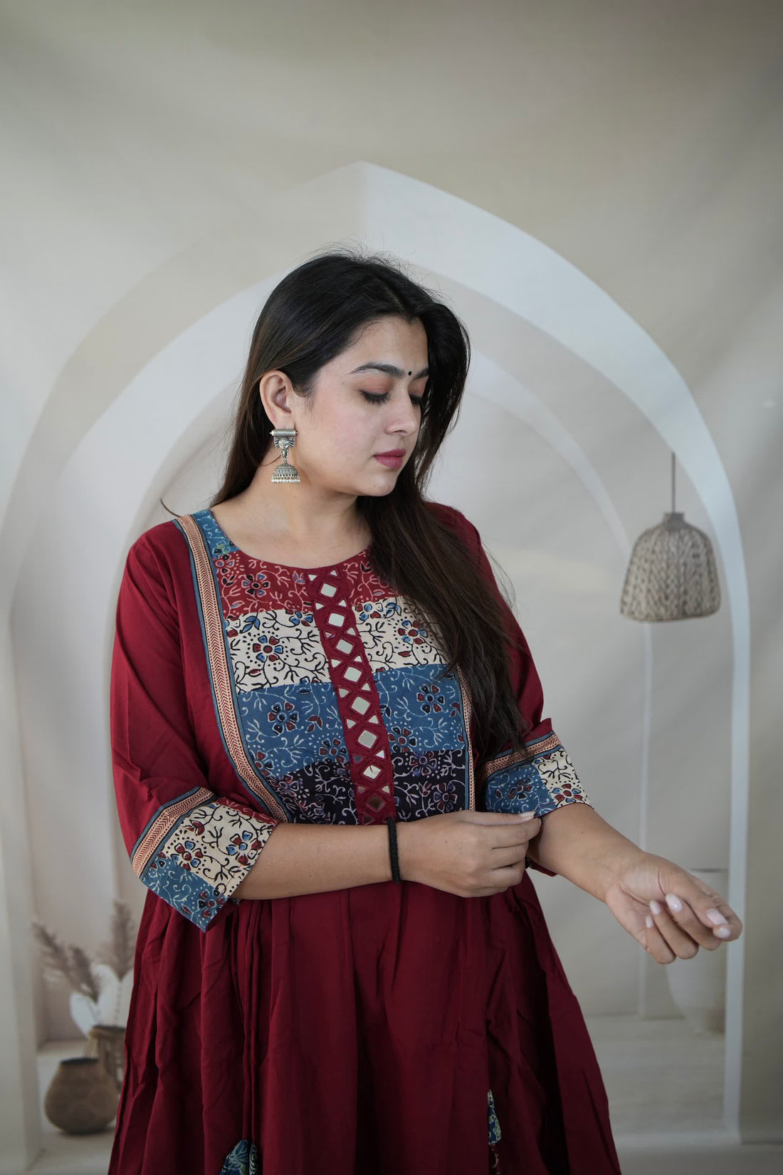 Gauri Maroon Ajarakh Patchwork Mirror Cotton Plain One Piece Kurti