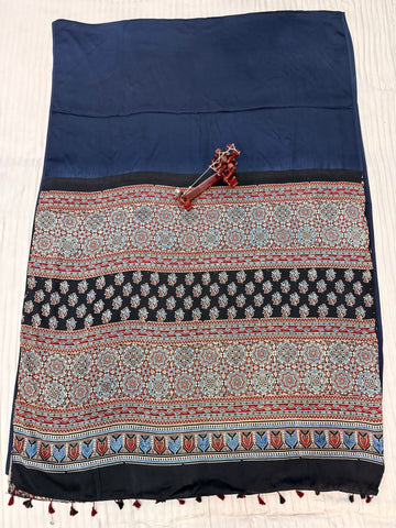 Blue Ajarakh Palla Plain Modal Saree RAKHIYO