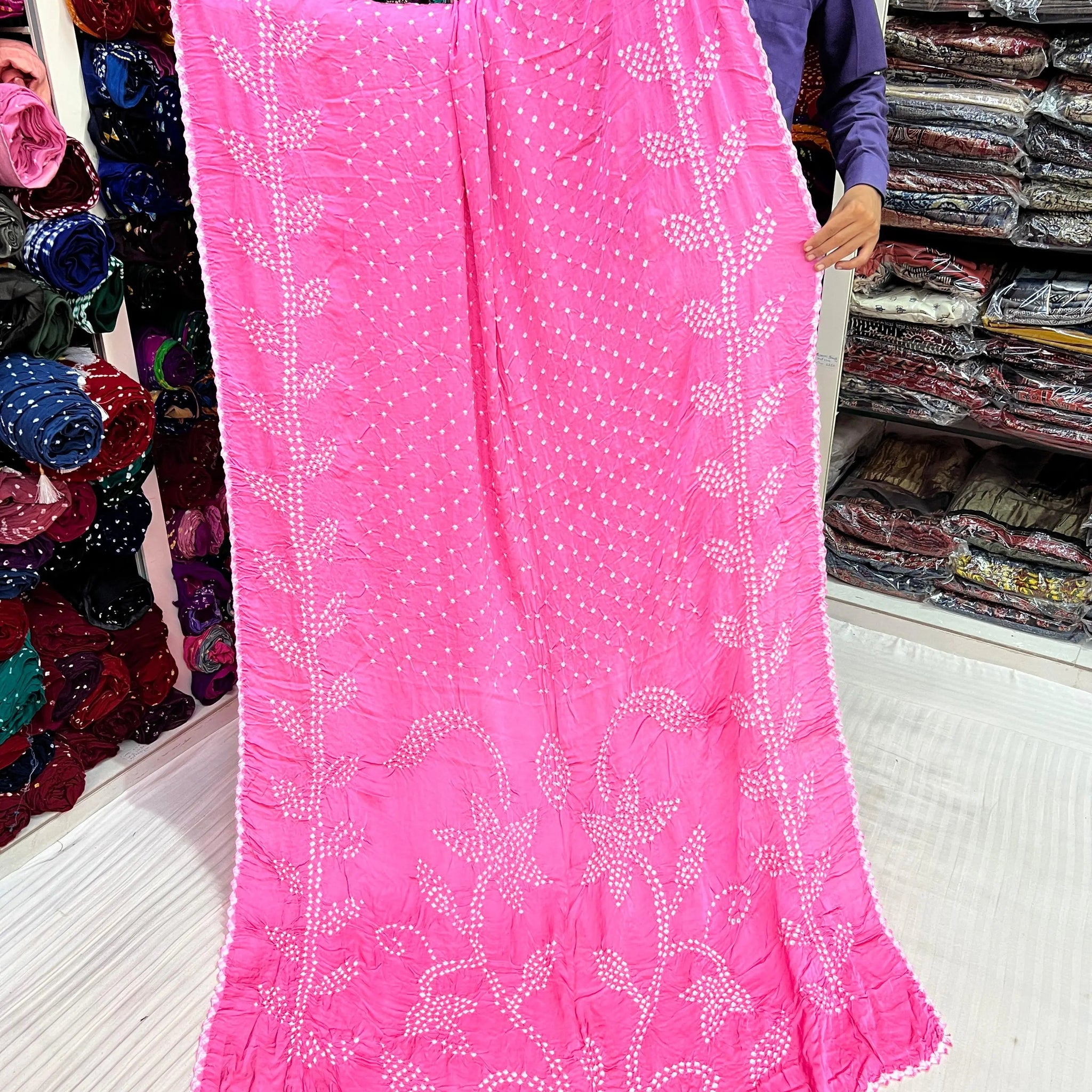 Pink Leaf Design Rai Bandhej Modal Saree RAKHIYO