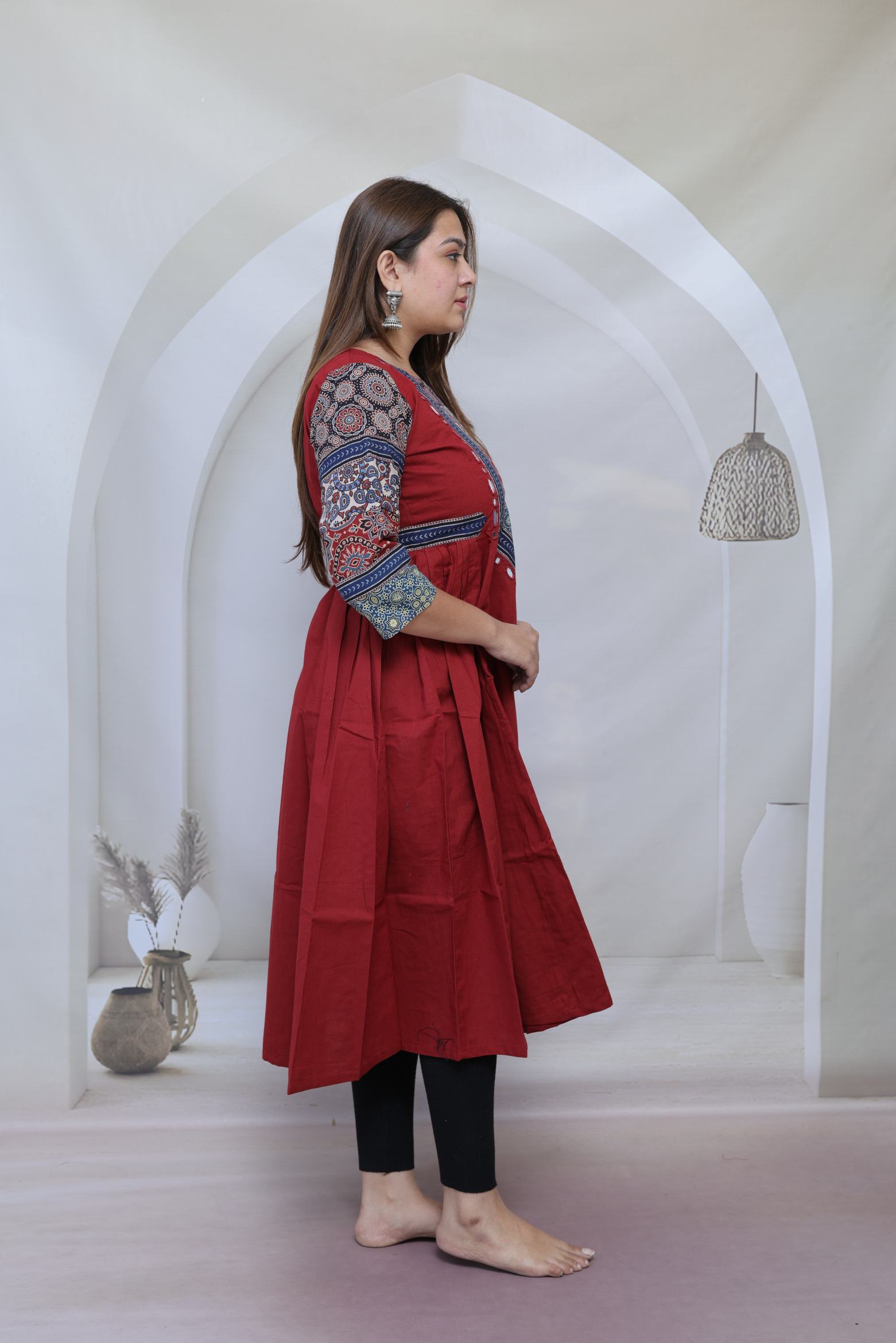 Nimrit Maroon Ajarakh Patchwork Sleeve & Neck Mirror Side Split Kurti/One Piece