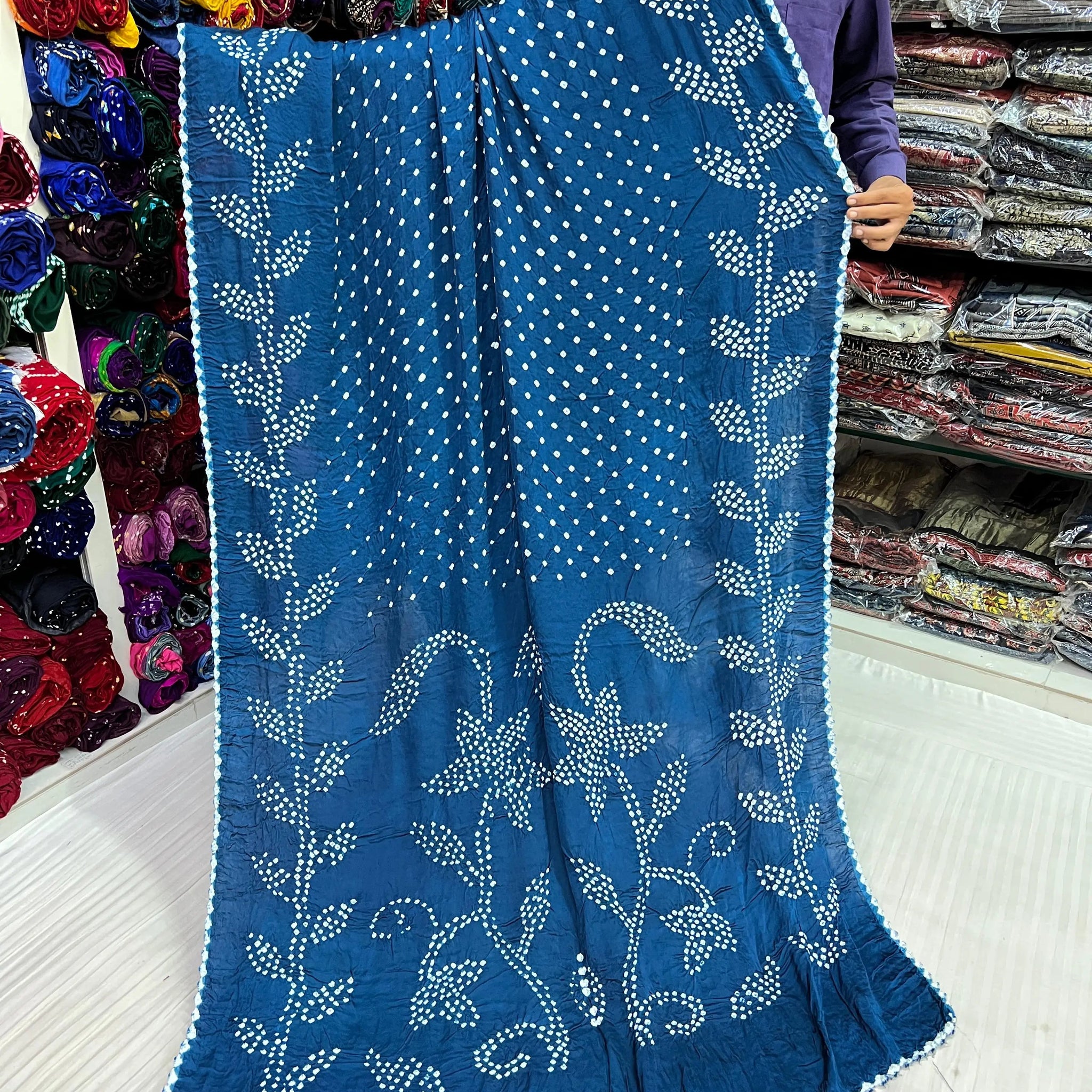 Teal Blue Leaf Design Rai Bandhej Modal Saree RAKHIYO