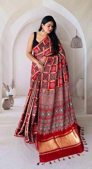 Red Ajarakh Garchola Modal Silk Saree RAKHIYO