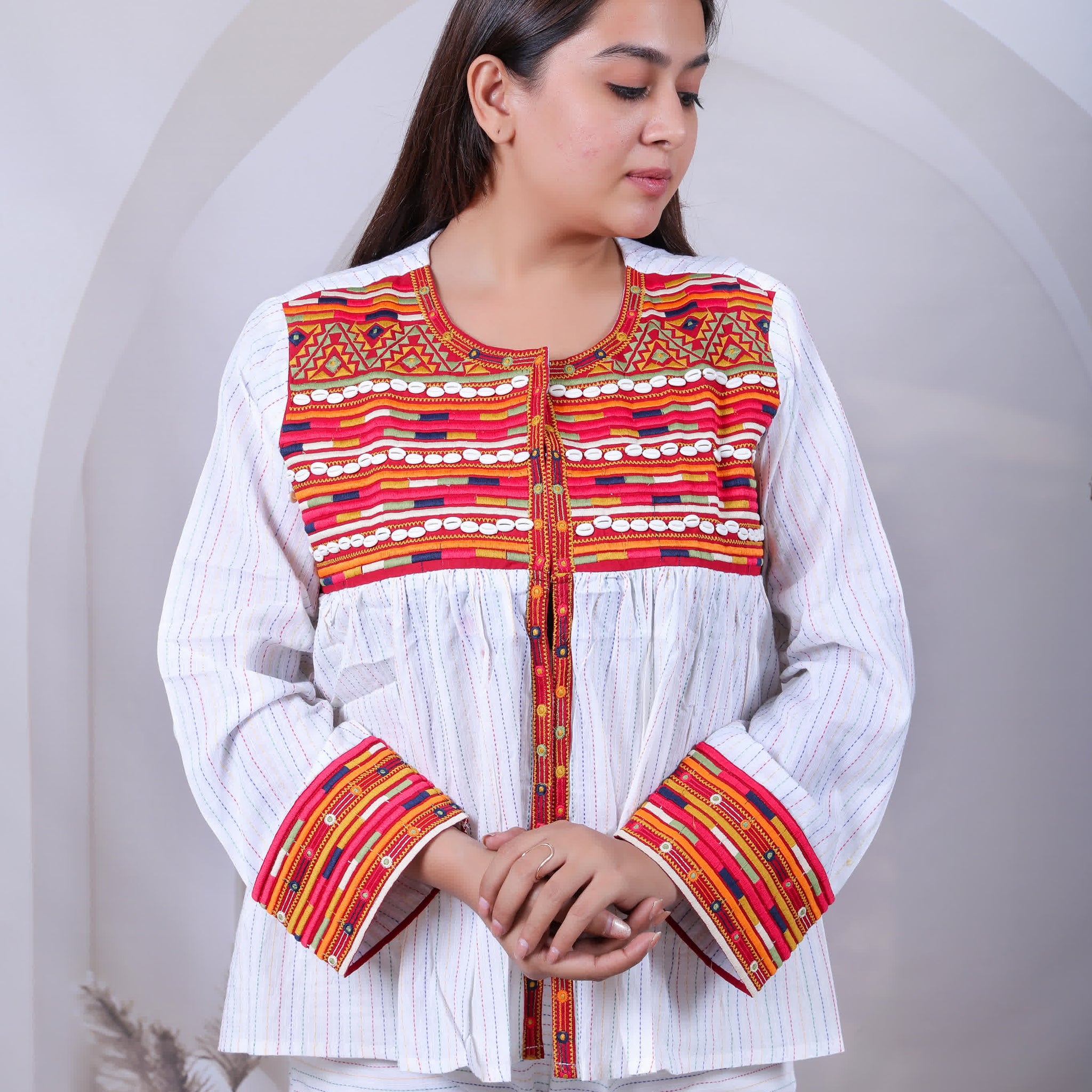 White Kantha Embroidered Jacket With Pant