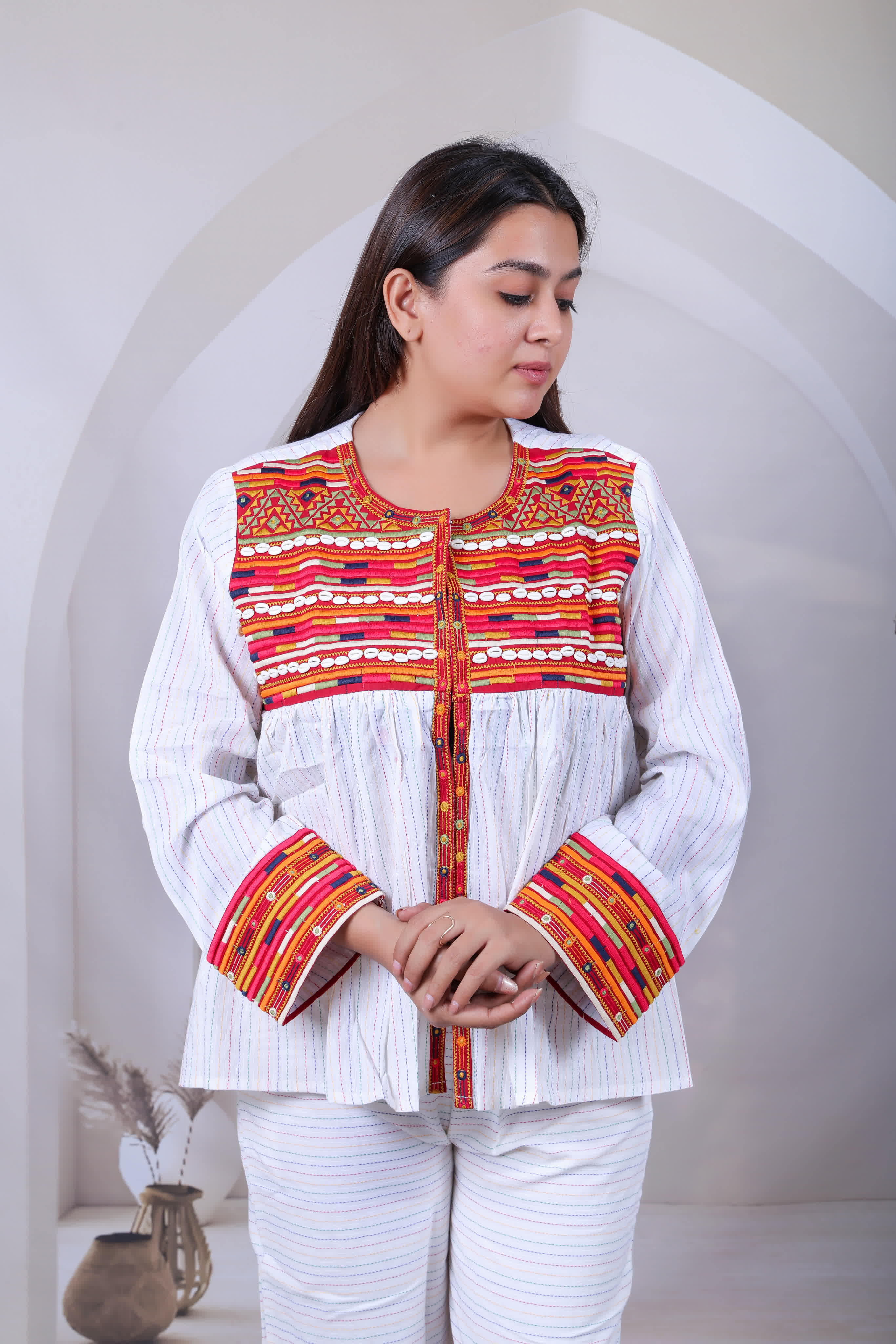 White Kantha Embroidered Jacket With Pant