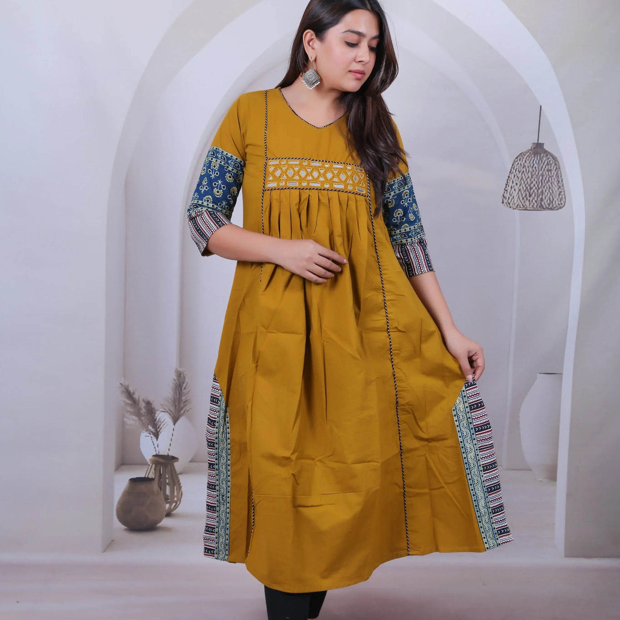 Anvika Mustard Cotton Mirror One Piece Kurti RAKHIYO