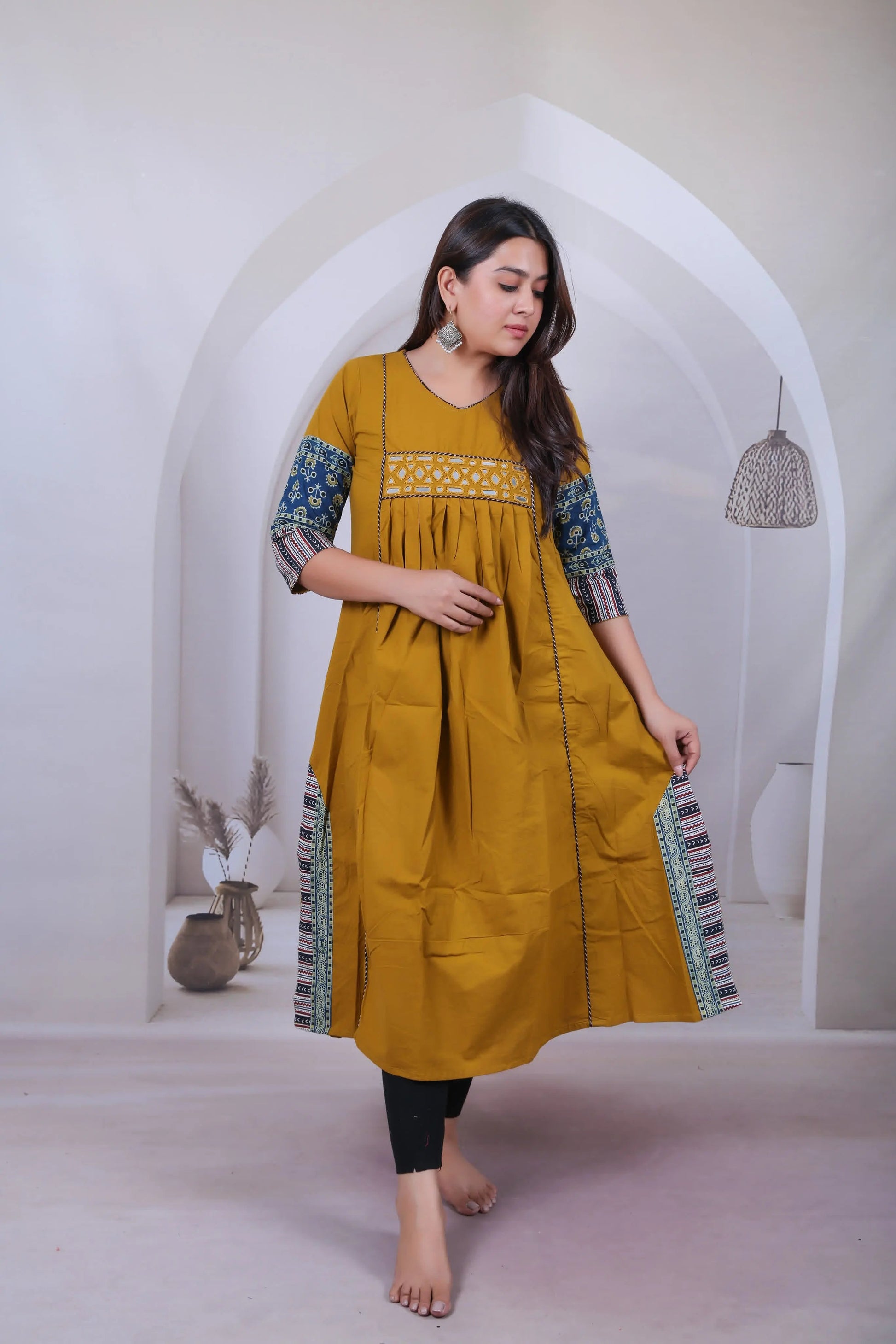 Anvika Mustard Cotton Mirror One Piece Kurti RAKHIYO