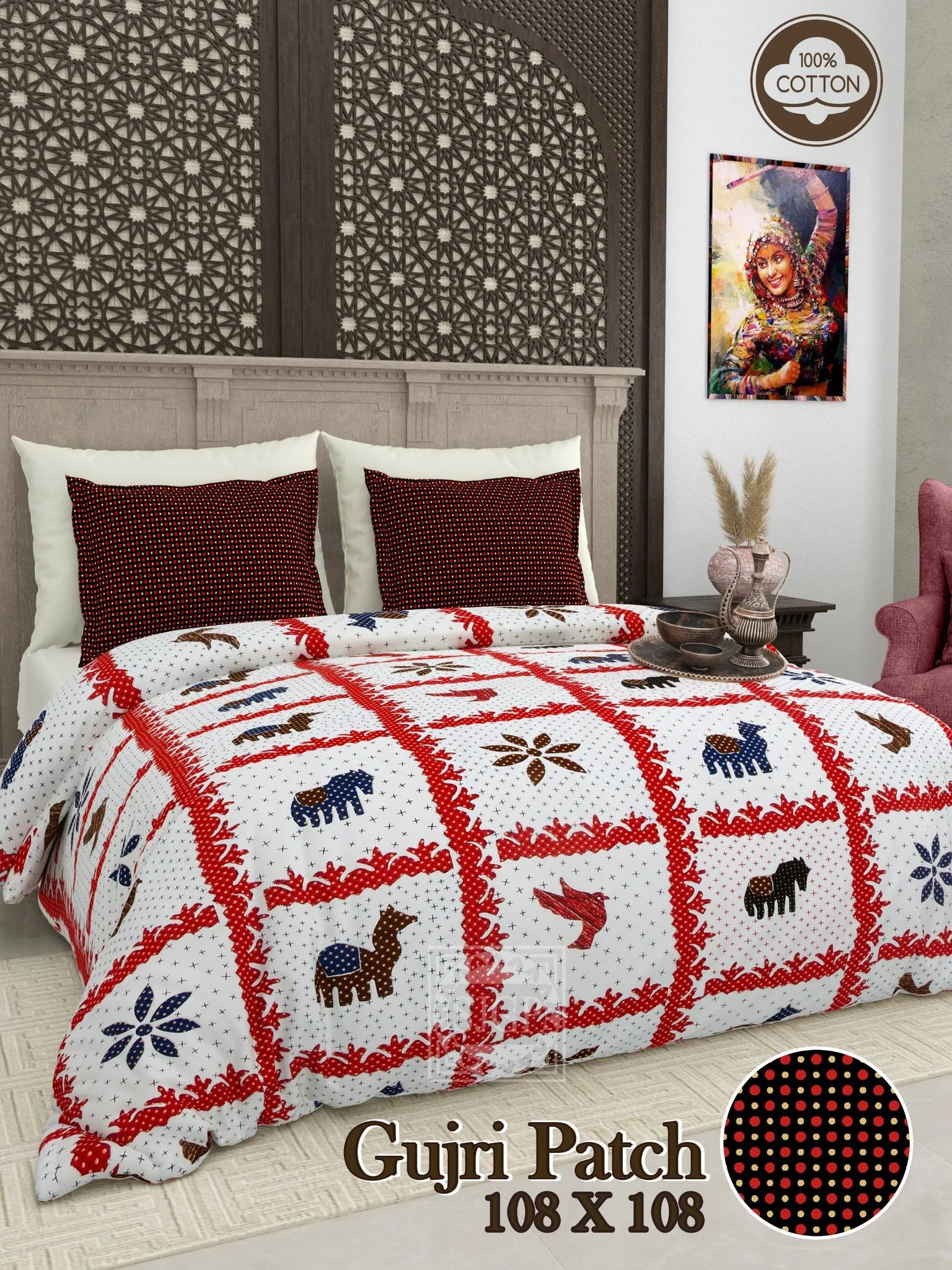 Animal & Flower Gujri Patch & Kantha Print Double Bedsheet RAKHIYO