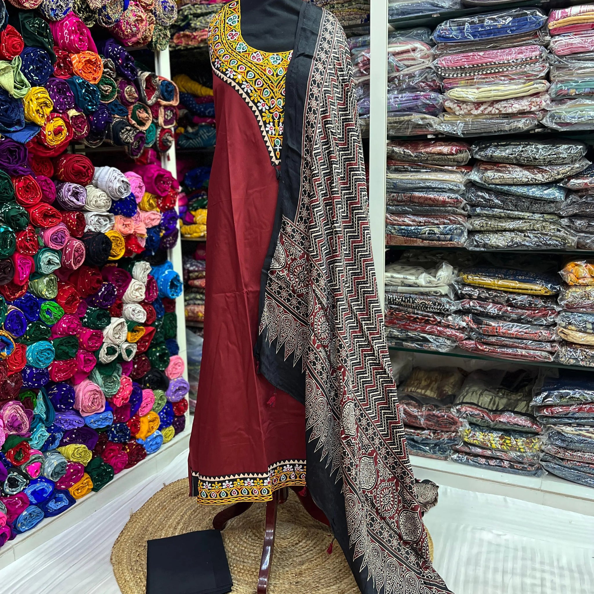 Maroon Kutchhi Handwork Ajarakh Suit Material RAKHIYO